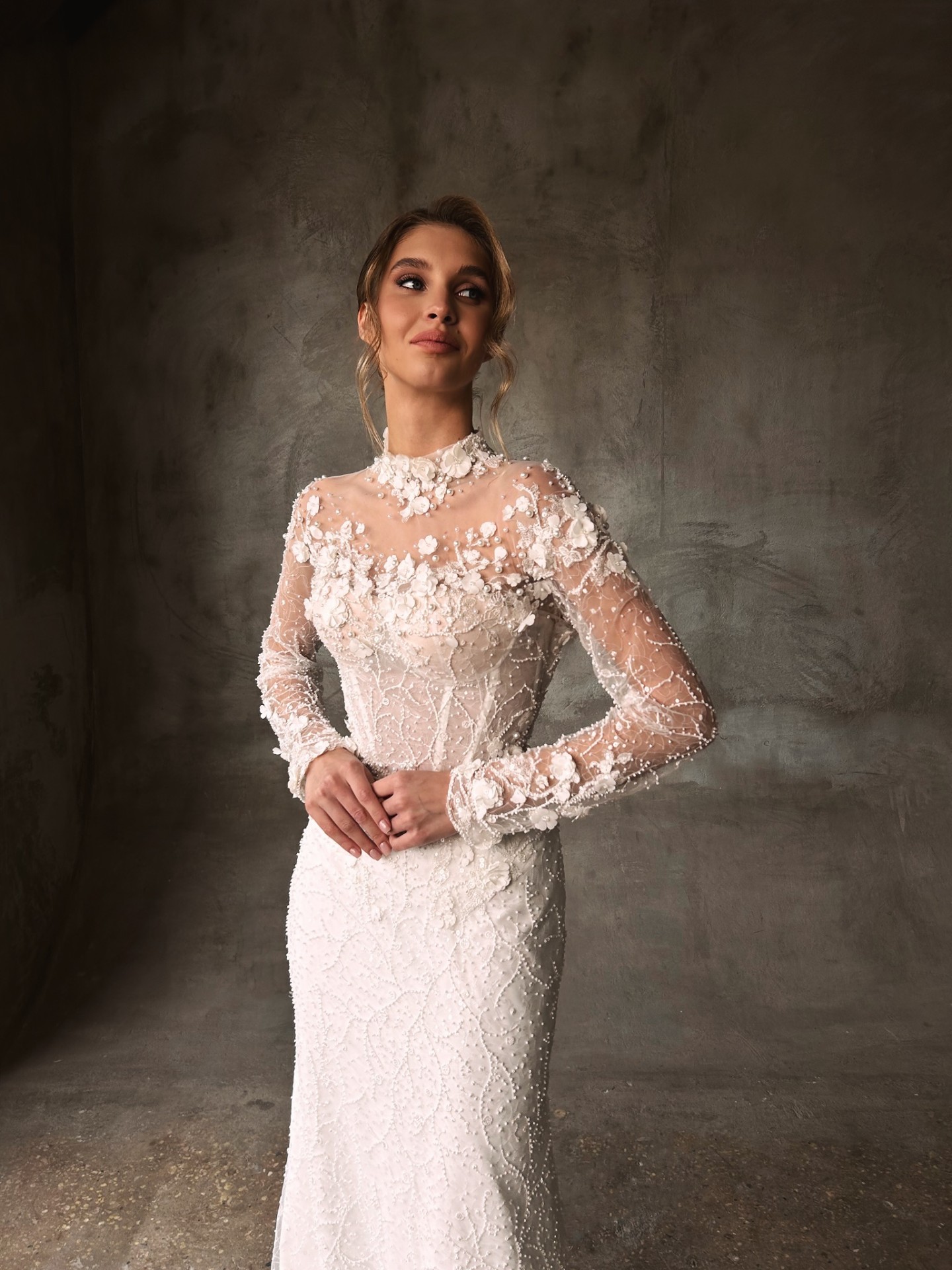 Josephine — close-up of high-neck illusion bodice with 3D floral and pearl detailing