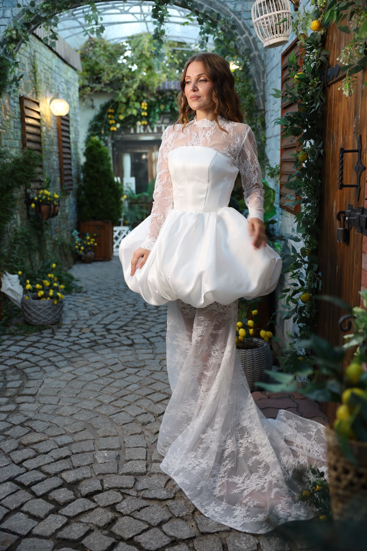 NOIR — LEMAKS Afterglow two-piece bridal look with satin corset, bubble skirt, lace top and long lace skirt