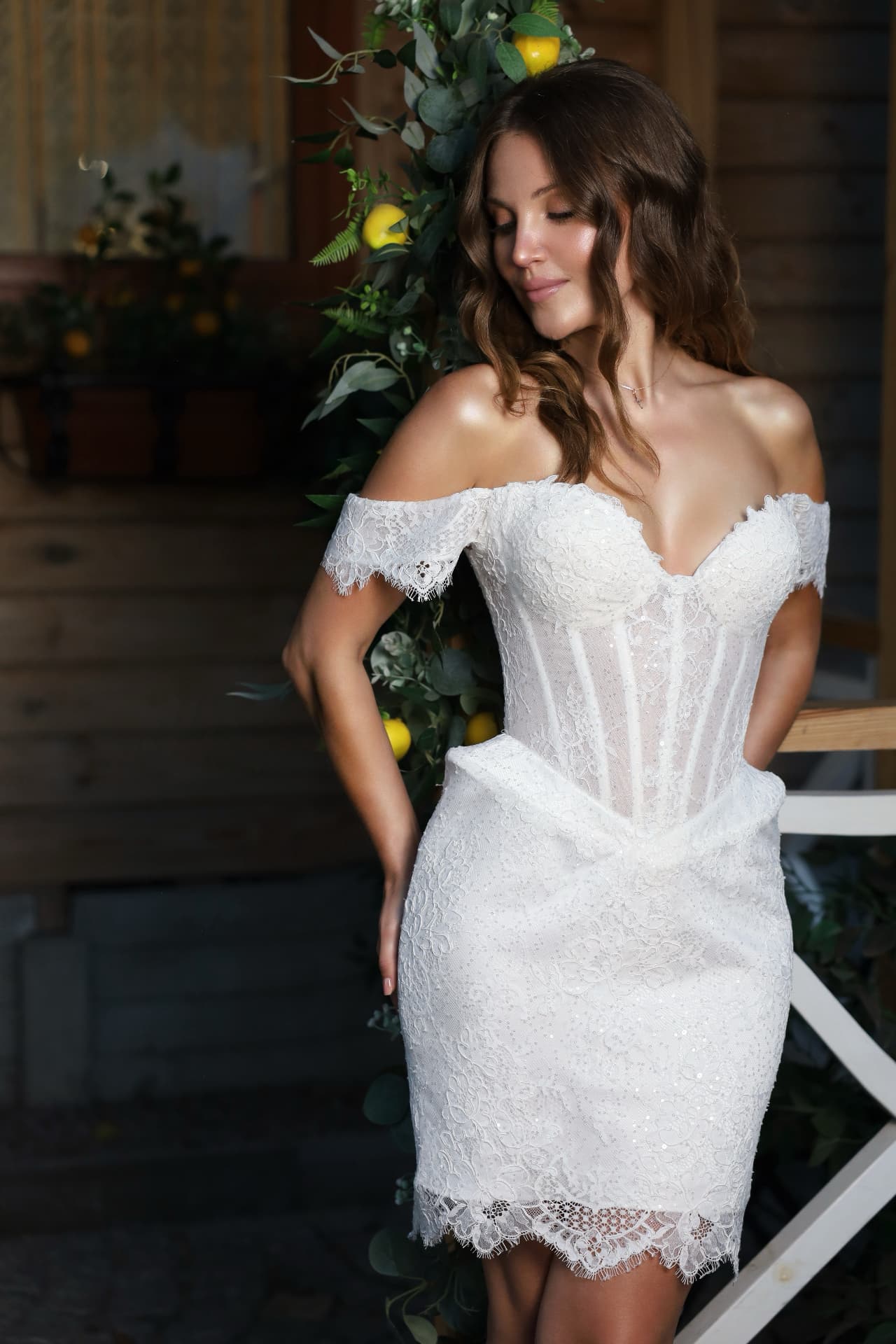 VELVET — LEMAKS Afterglow floral lace bridal mini dress with structured corset bodice and off-the-shoulder lace sleeves