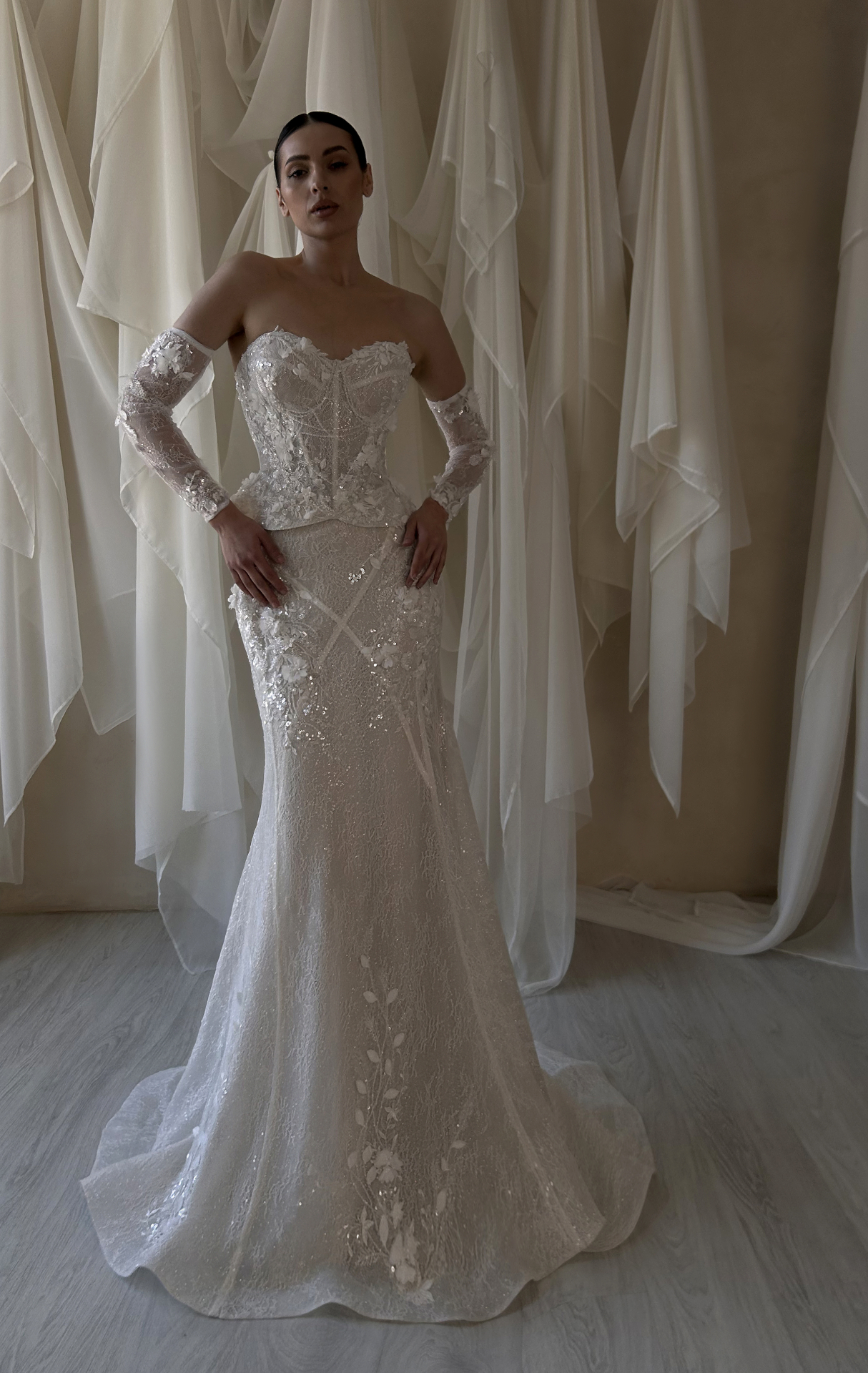 Dame — LEMAKS Famous mermaid gown with strapless corset bodice, peplum, and detachable lace gloves