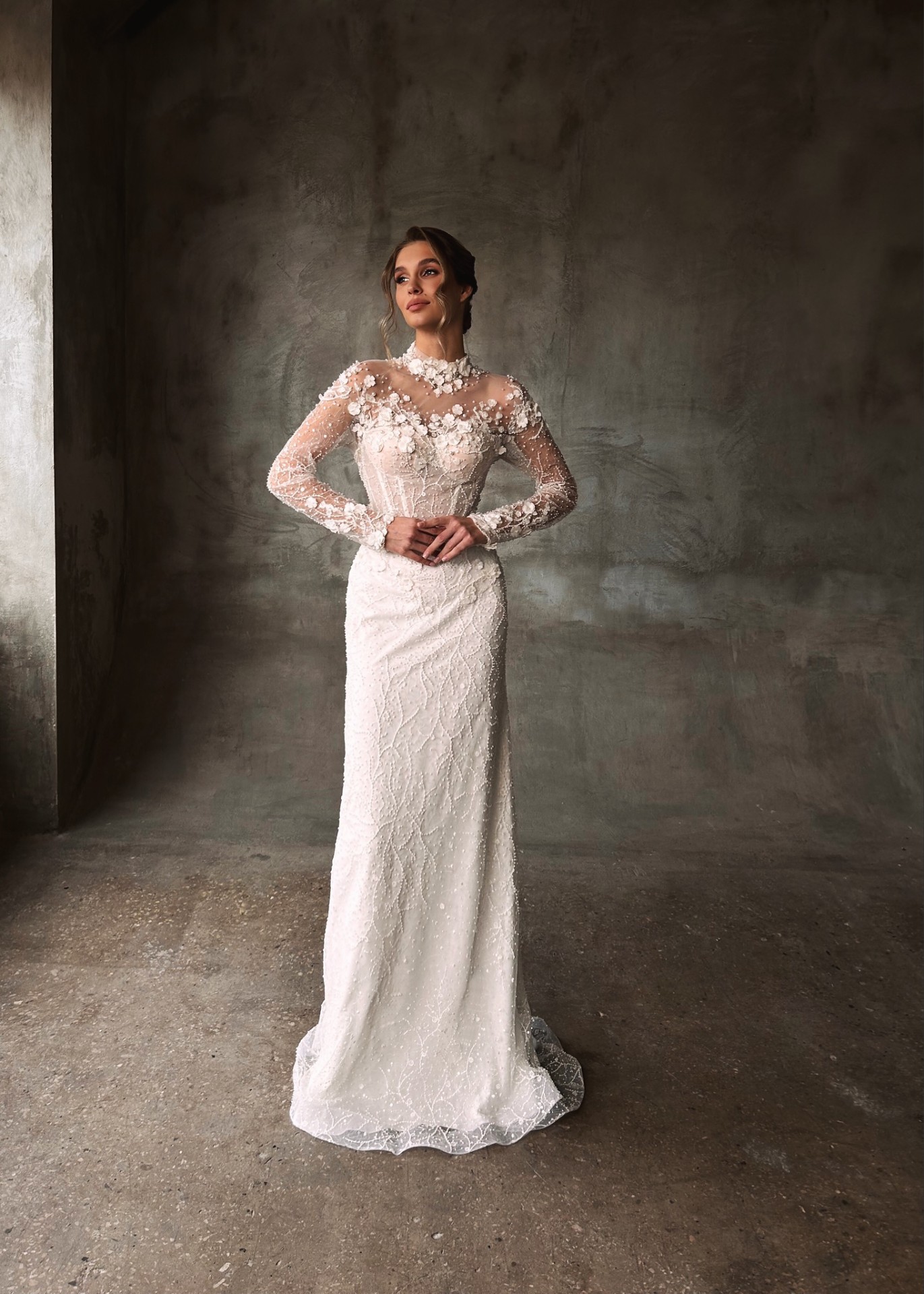 Josephine — LEMAKS Famous form-fitting gown with sheer long-sleeved bodice and 3D floral appliqués
