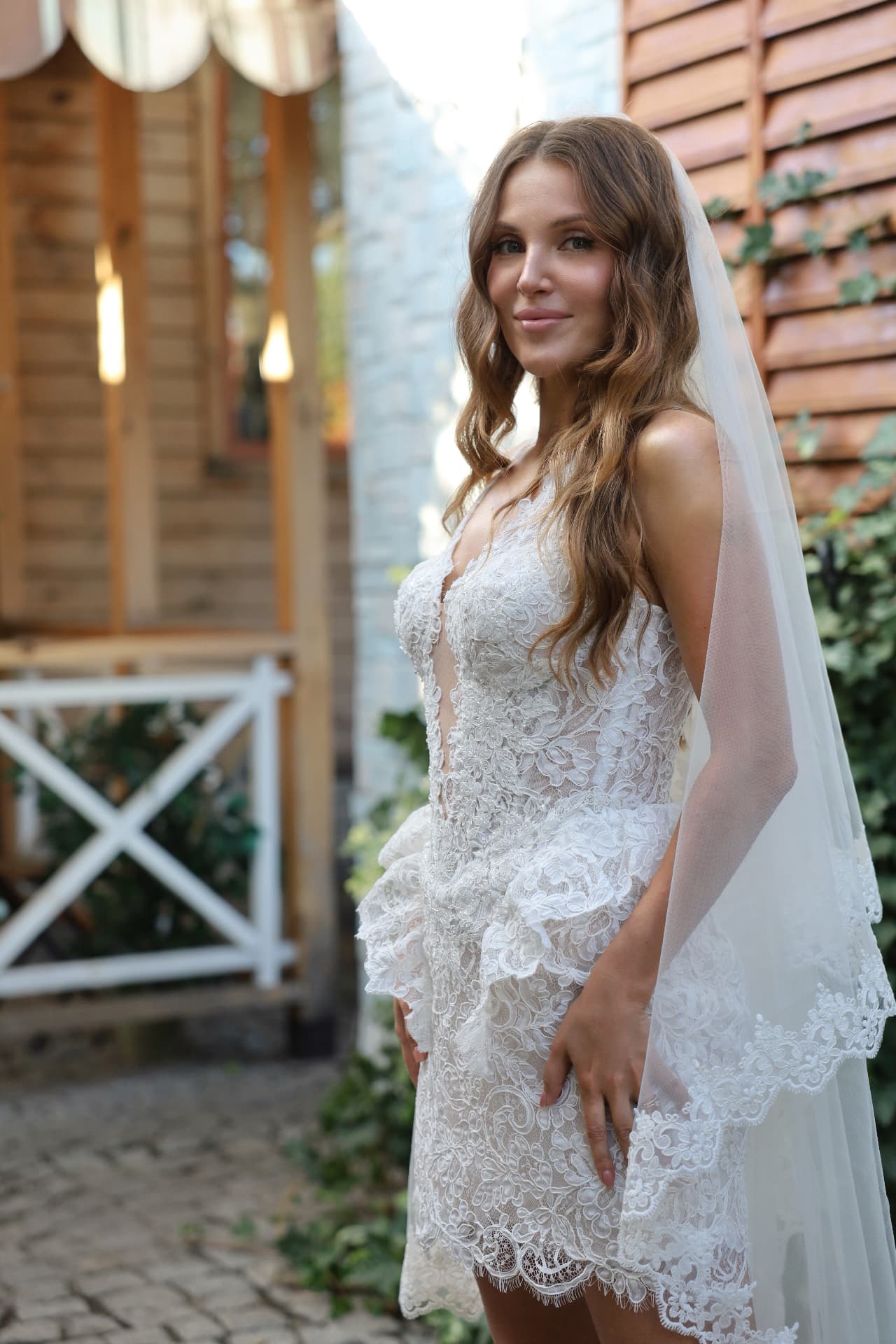 FLORENCE — side view, slender lace straps framing the shoulders and ornate floral lace skirt