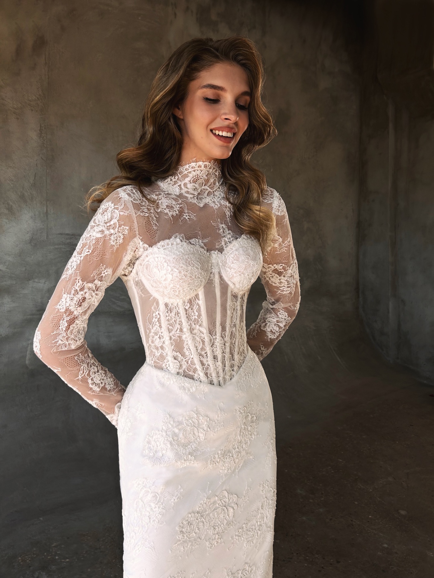 Madlen — close view of the high-neck sheer lace bodice layered over a sweetheart corset base