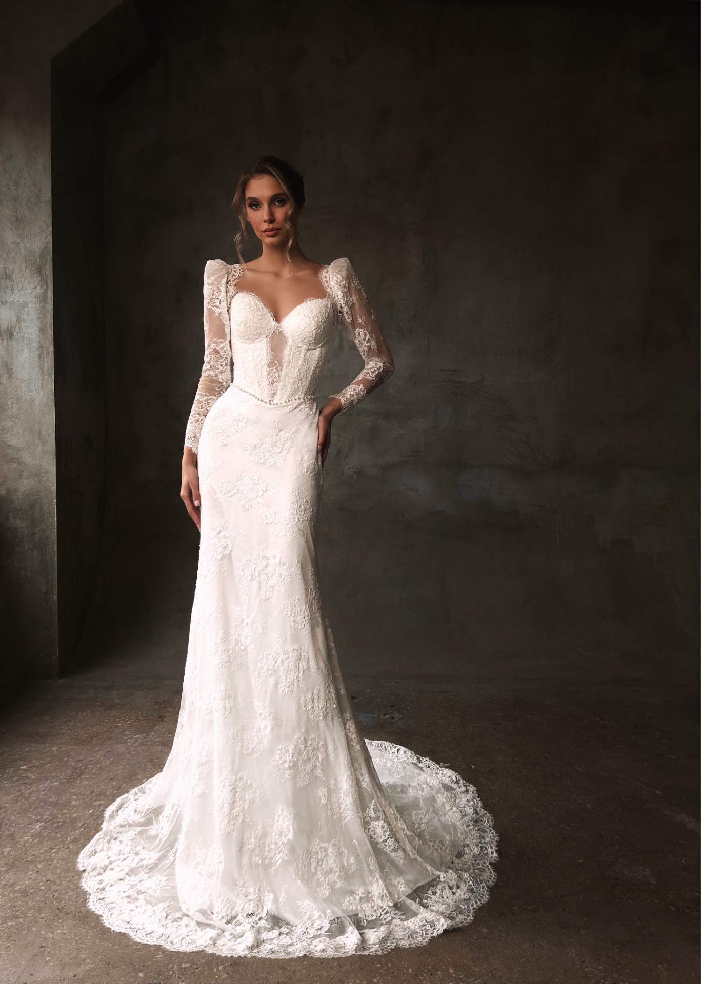 Nicole — LEMAKS Famous fitted lace gown with long sleeves and sweeping train