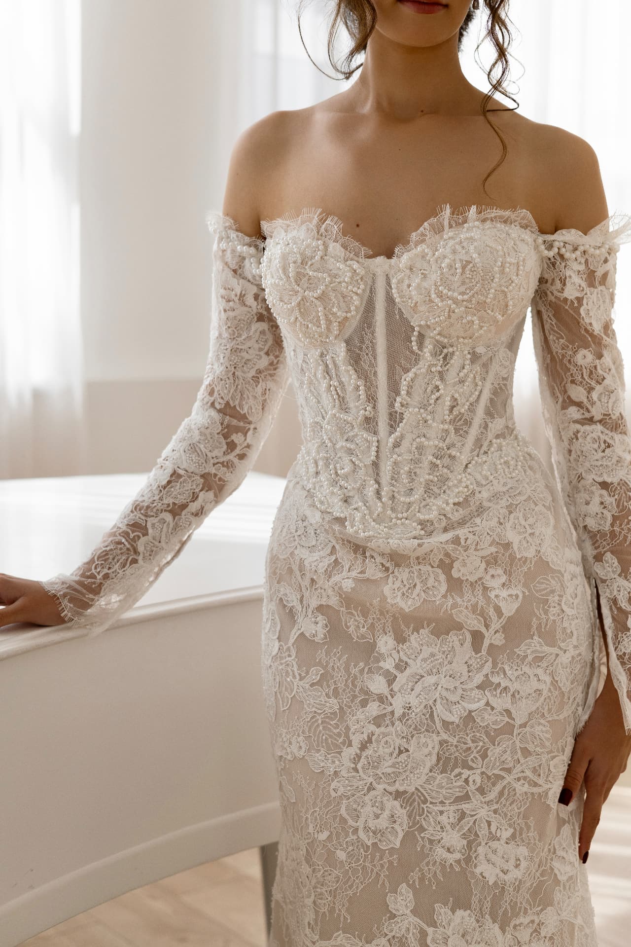 IRIS — bodice detail with pearl beadwork and eyelash lace neckline