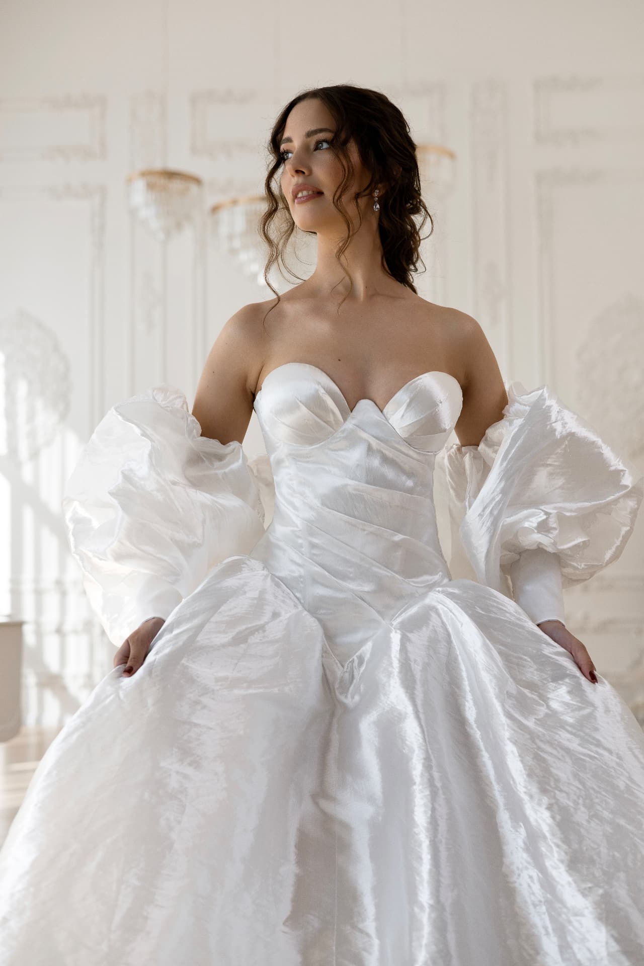 Selene — LEMAKS Goddess satin ball gown bridal dress with sculpted sweetheart neckline and oversized puff sleeves