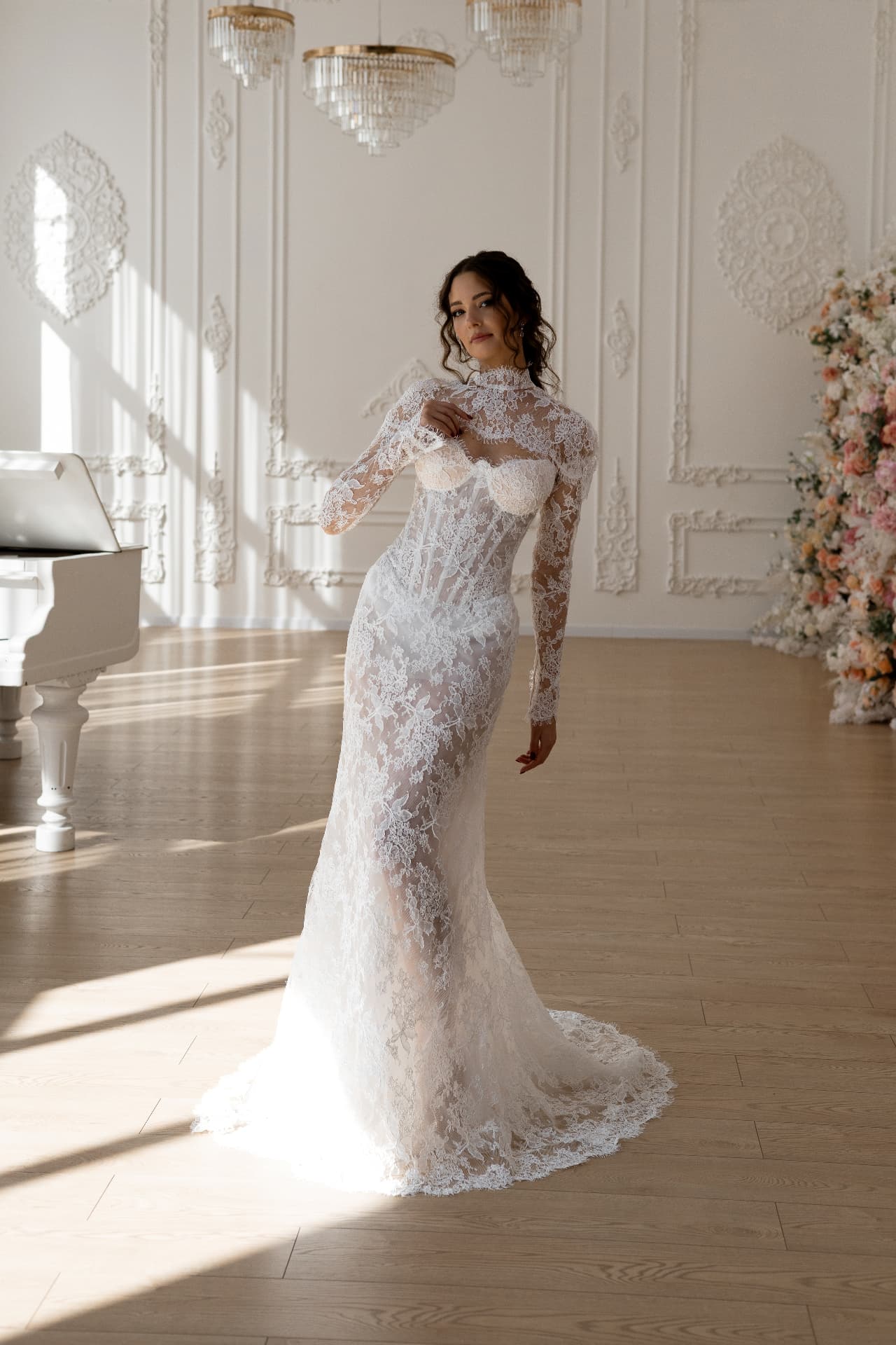 Gaia — fitted silhouette without the overskirt, styled with a high-neck long-sleeved lace bolero