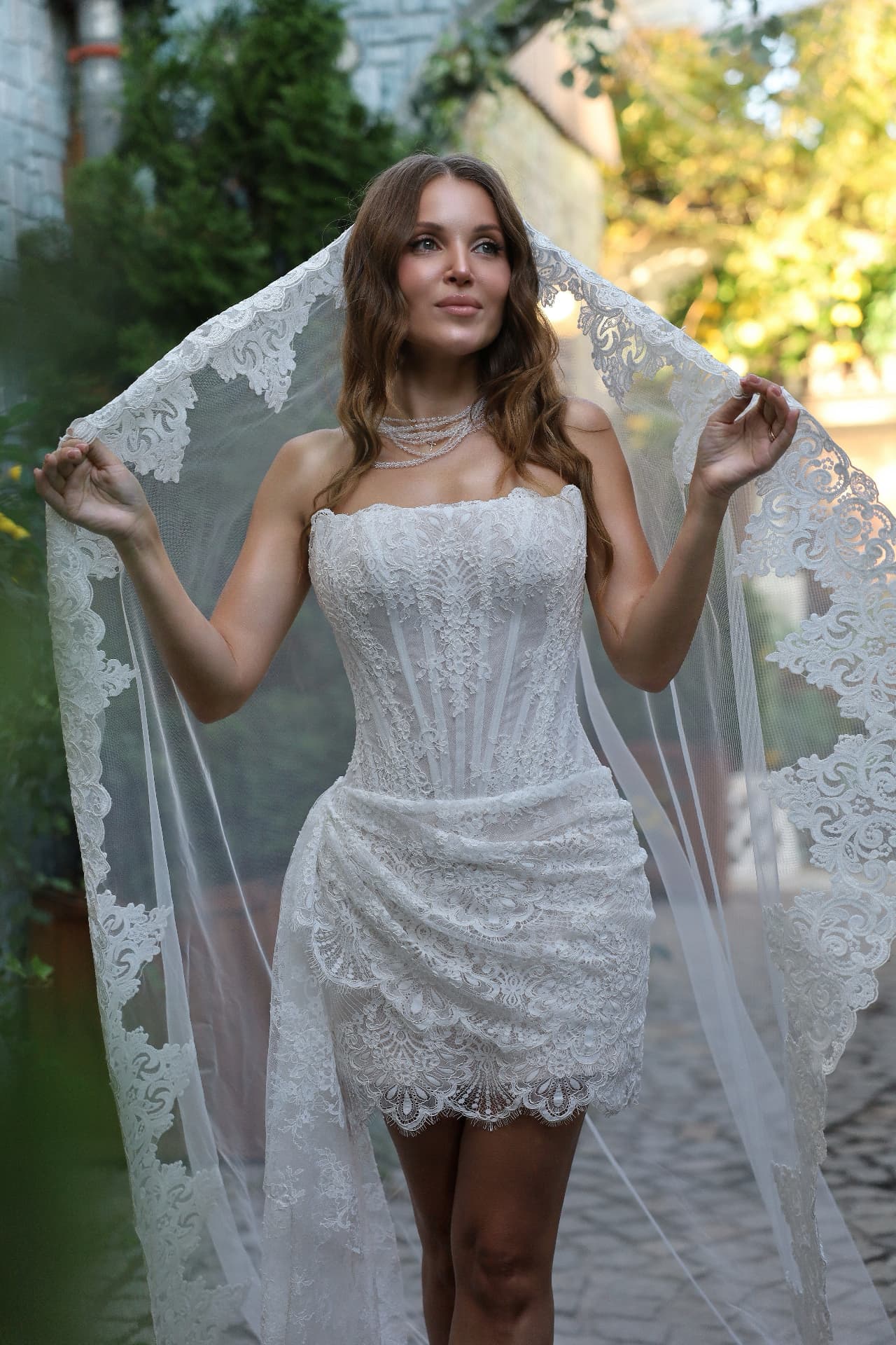 MIDNIGHT — LEMAKS Afterglow strapless floral lace corset bridal mini dress with draped asymmetric skirt and extended lace train