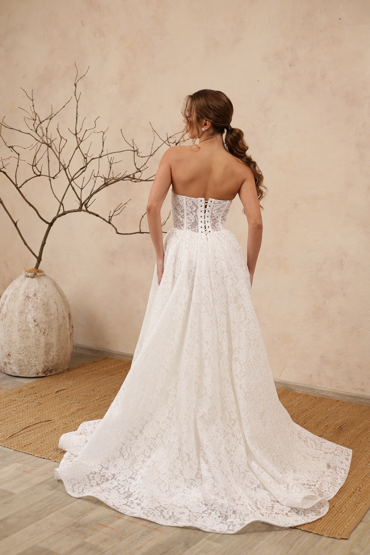 Sapphire — back view with corset lacing and lace train
