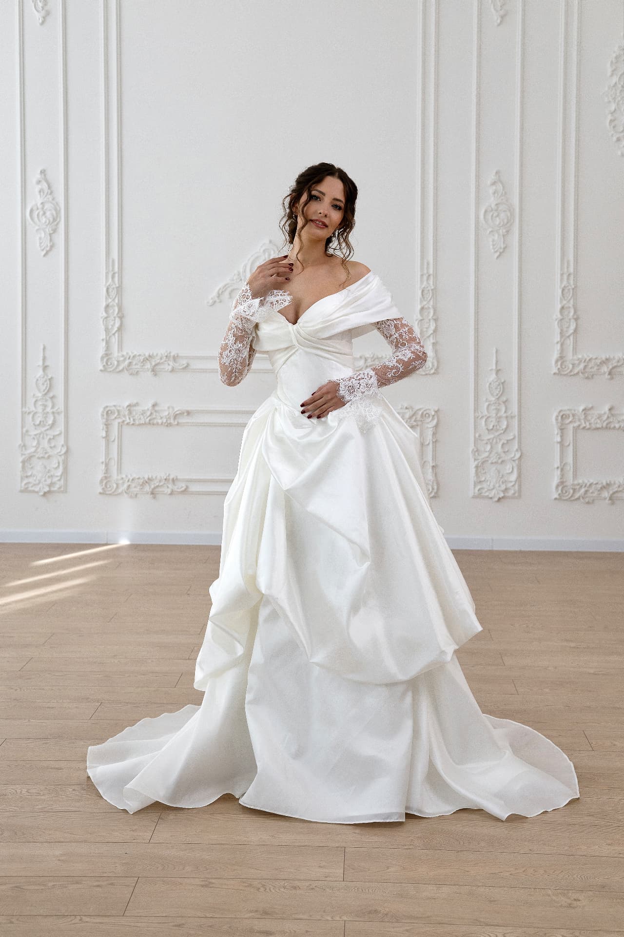 Aphrodite — LEMAKS Goddess satin bridal gown with off-the-shoulder draped bodice and lace sleeves