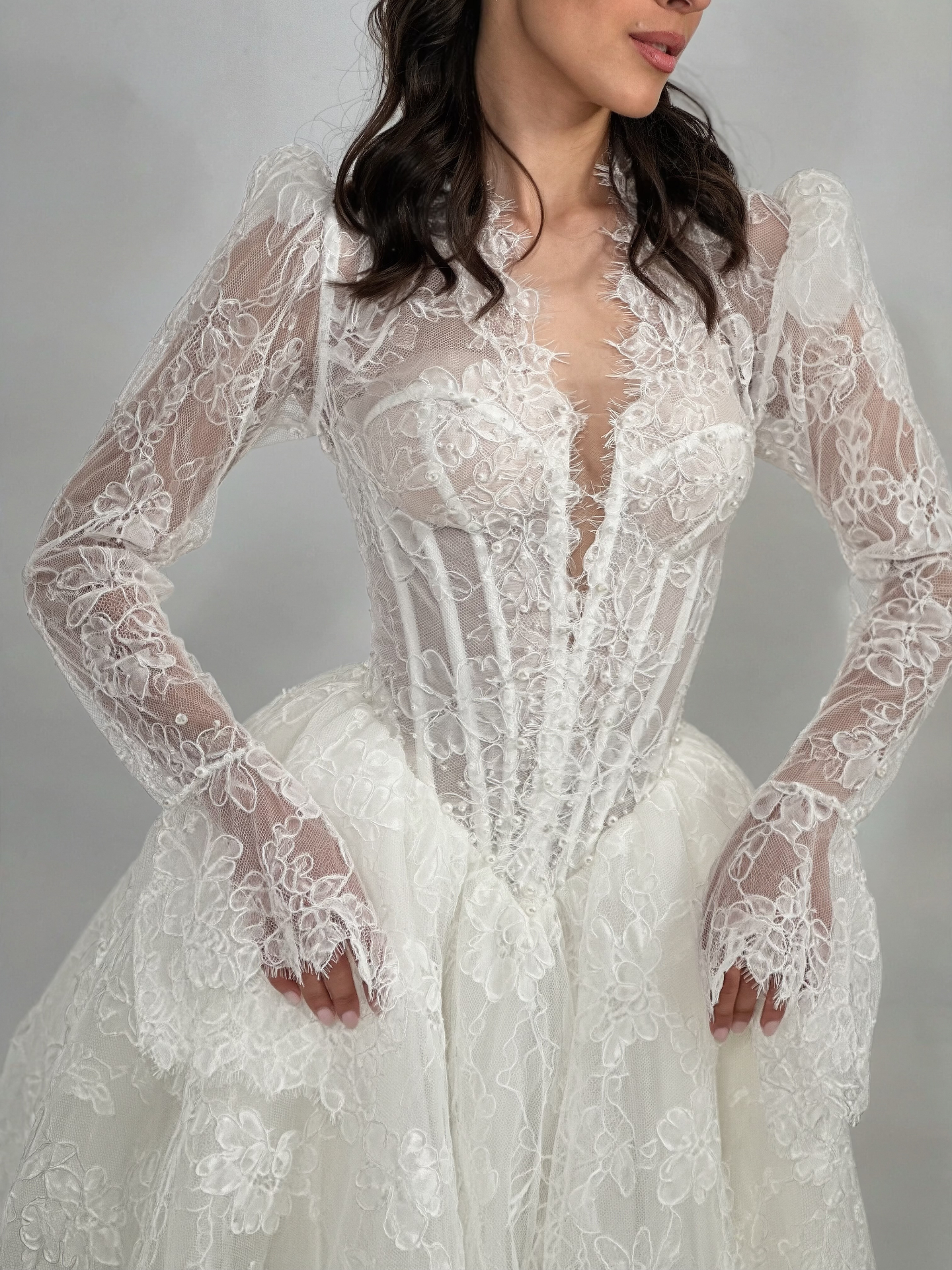 Peony — close-up of intricate lace and pearl bodice detail