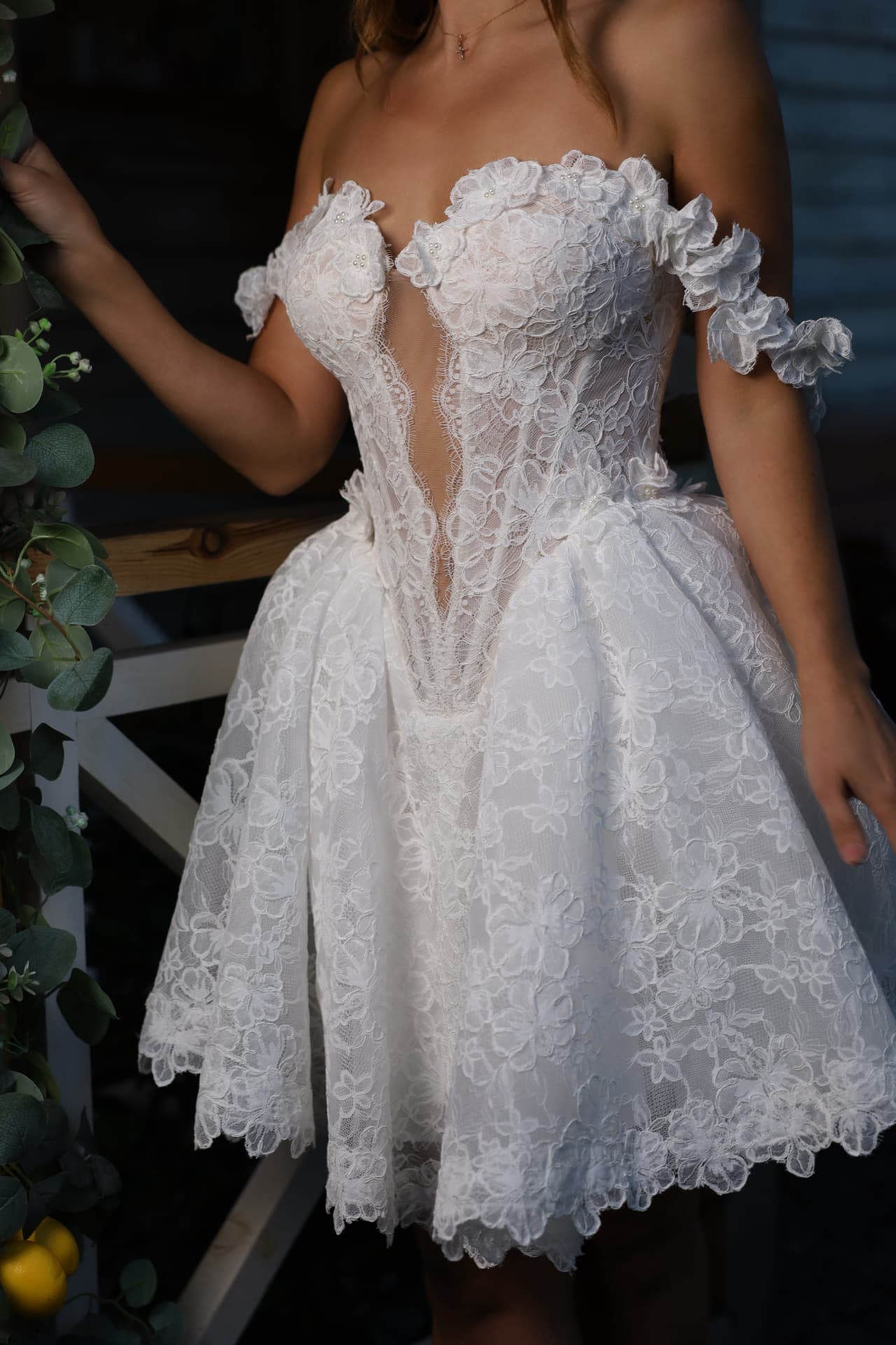 SATIN — full view of the layered floral lace skirt with scalloped hem