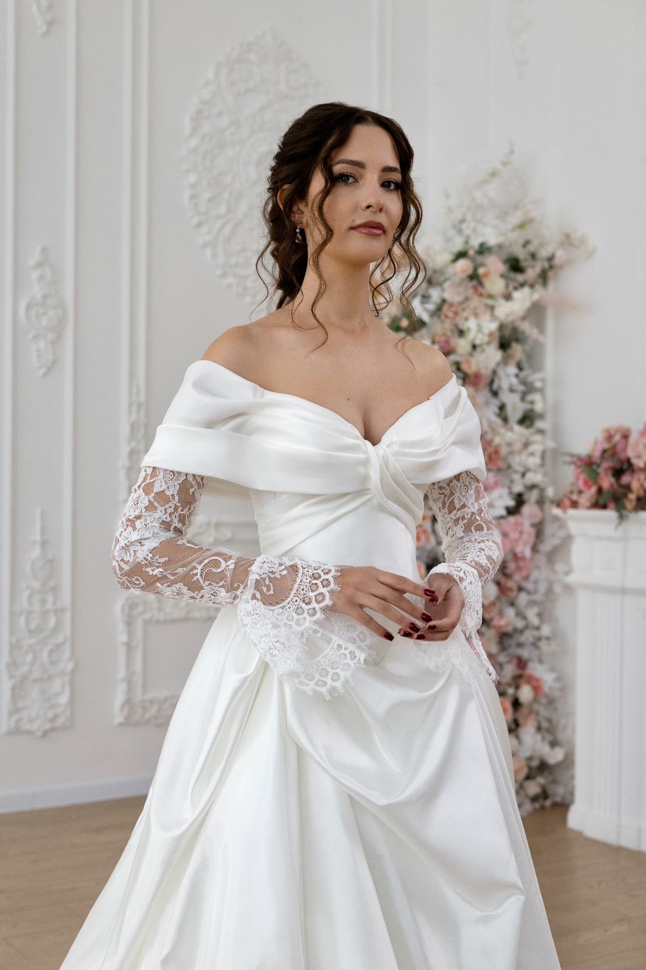 Aphrodite — three-quarter view with crossover draped neckline and scalloped lace cuffs