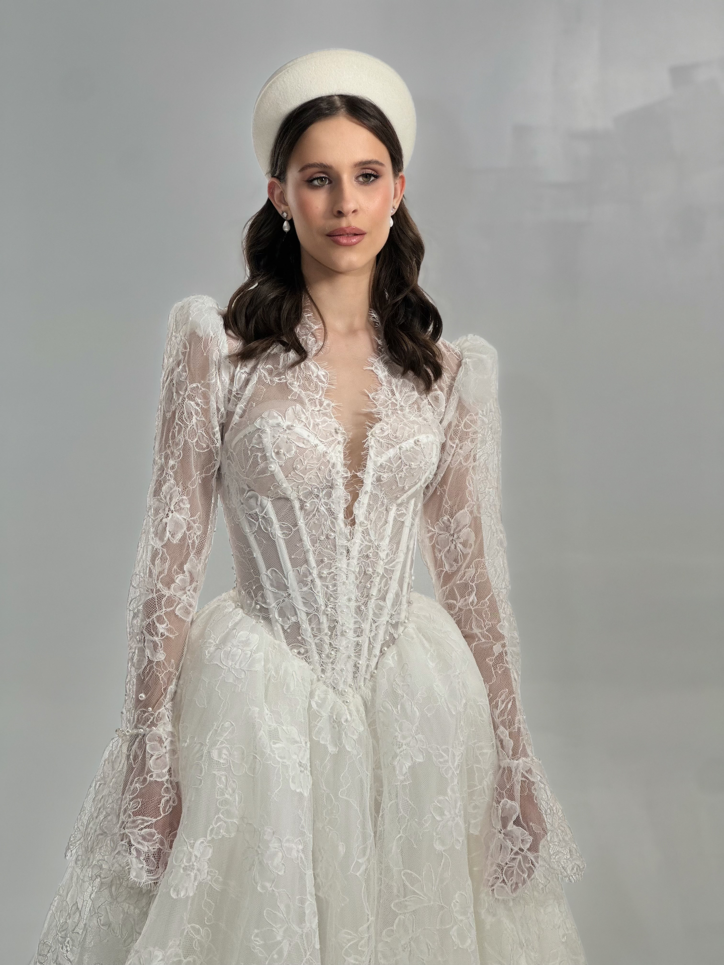 Peony — lace corset bodice with pearl accents and plunge neckline