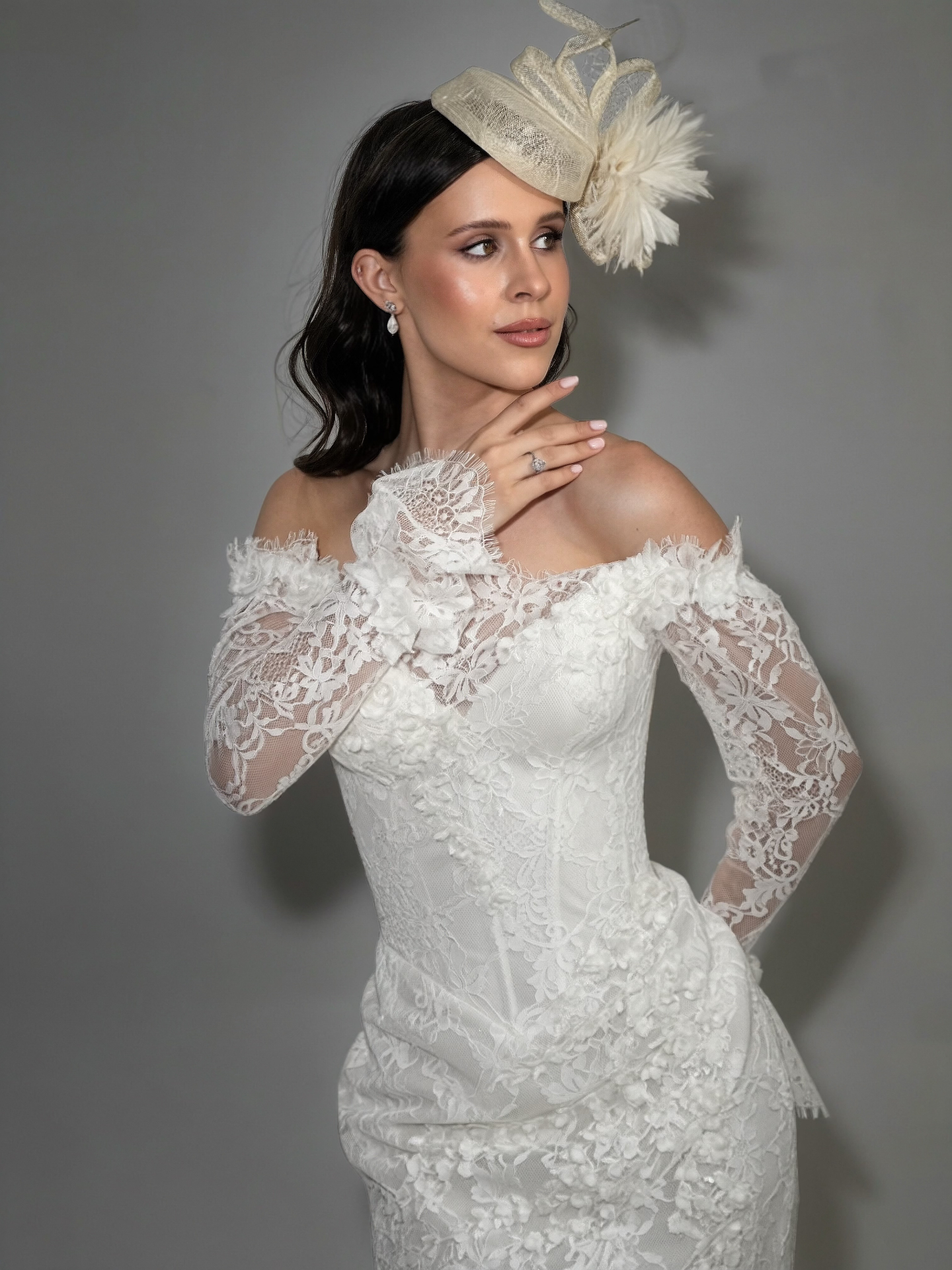 Viola — close-up of floral lace appliqués on off-the-shoulder corset bodice