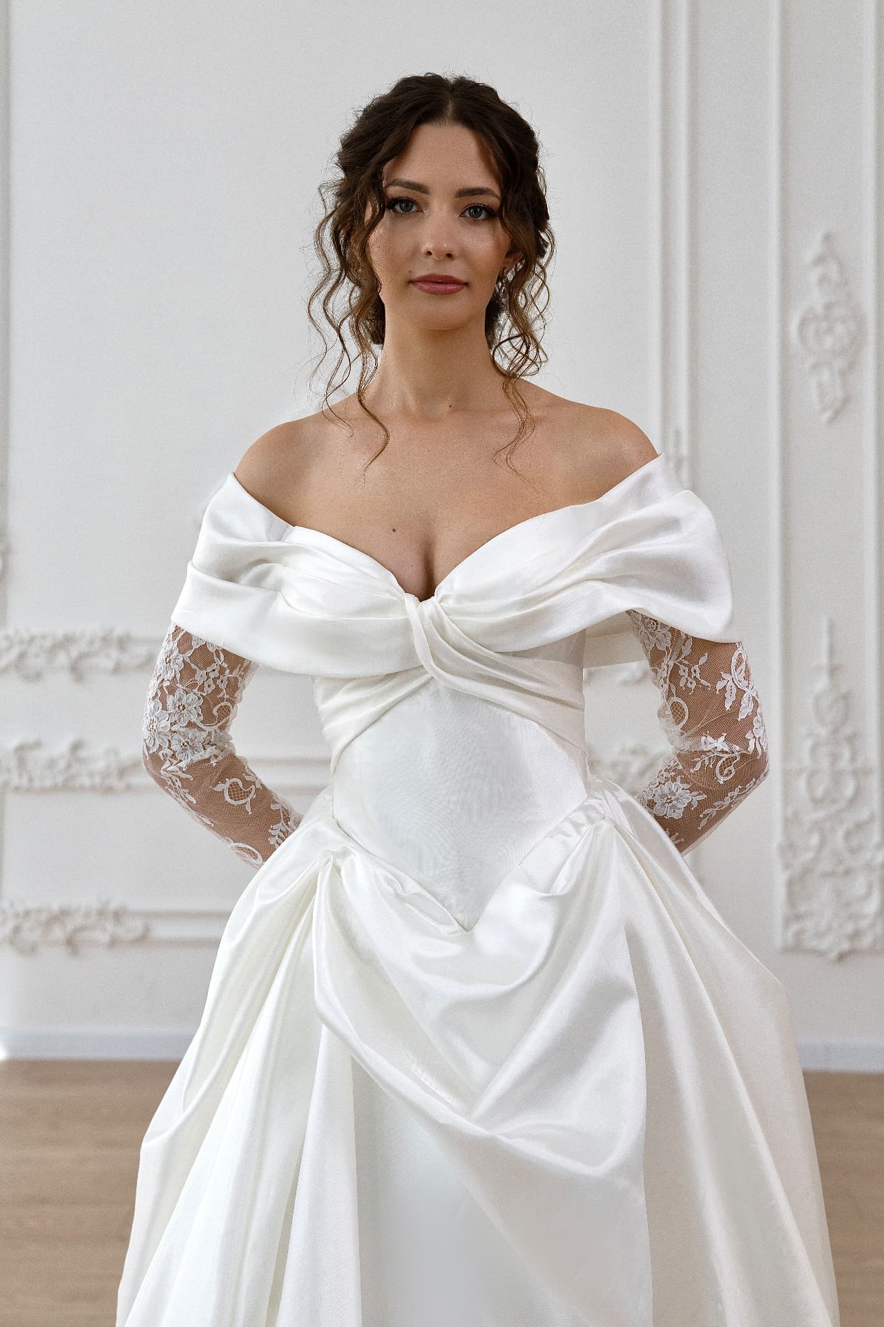 Aphrodite — portrait showing the draped neckline and sheer lace sleeves