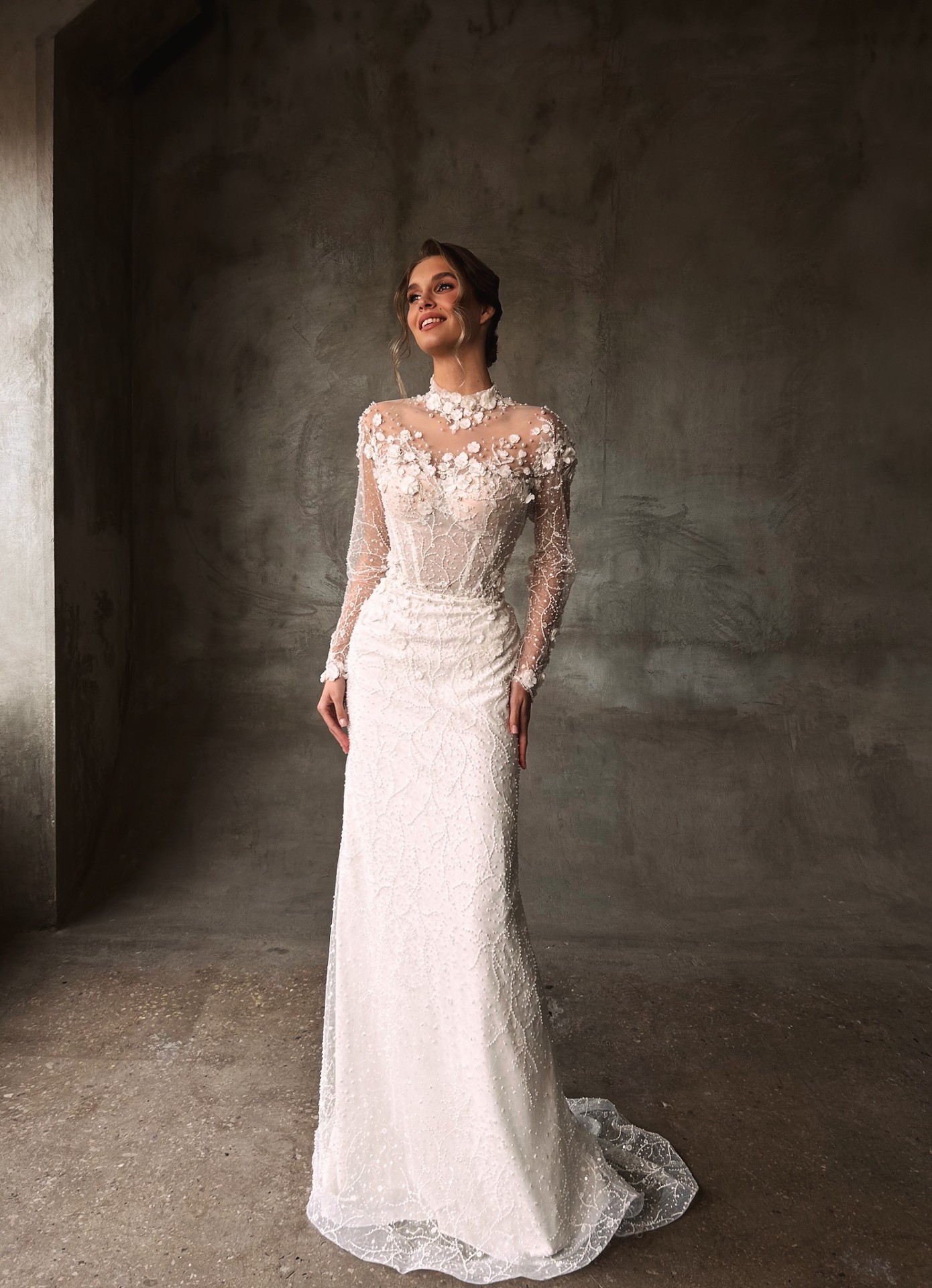Josephine — sheer long-sleeved bodice with intricate 3D florals and beaded skirt