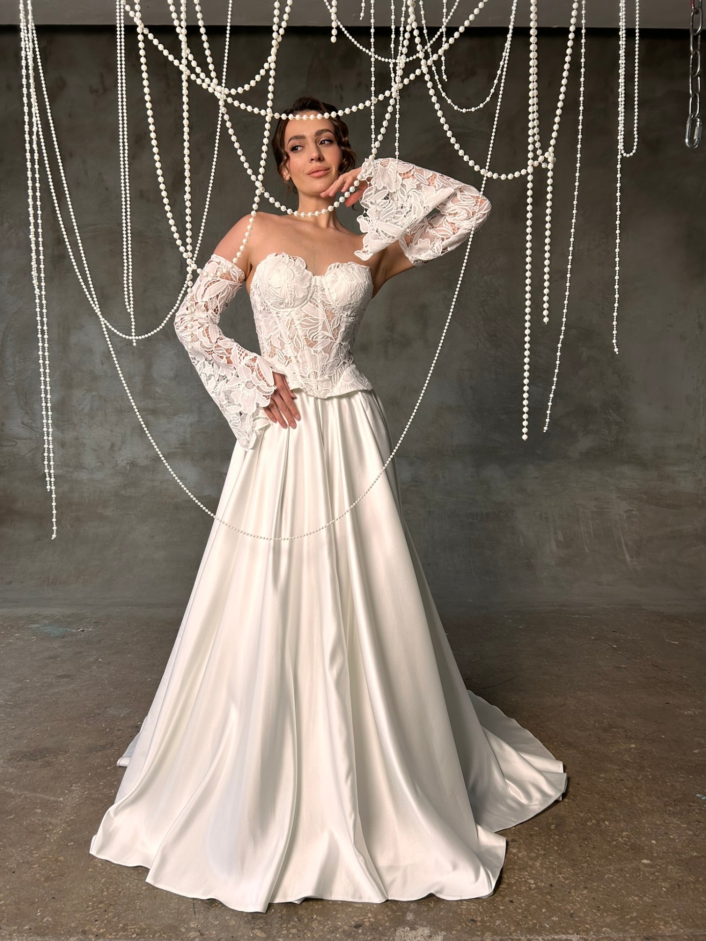 Penelope — LEMAKS Famous lace corset bodice with detachable flared lace sleeves and satin A-line skirt