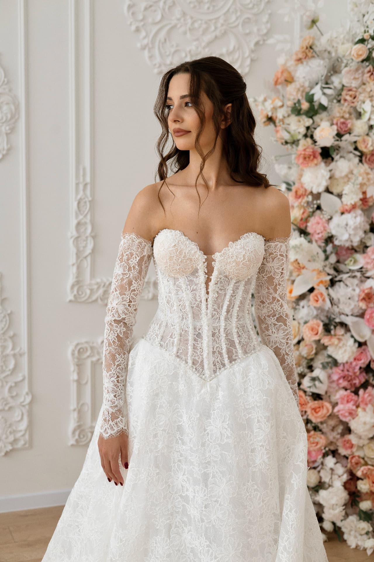 Circe — off-the-shoulder neckline with sheer lace sleeves
