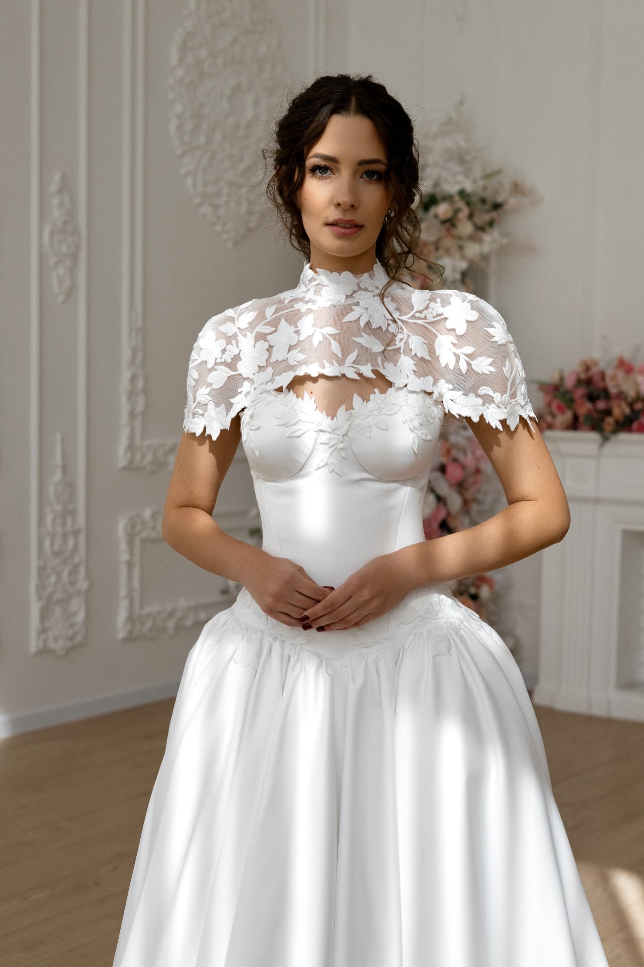 Athena — LEMAKS Goddess bridal gown with structured corset bodice, high-neck lace overlay and sheer long sleeves