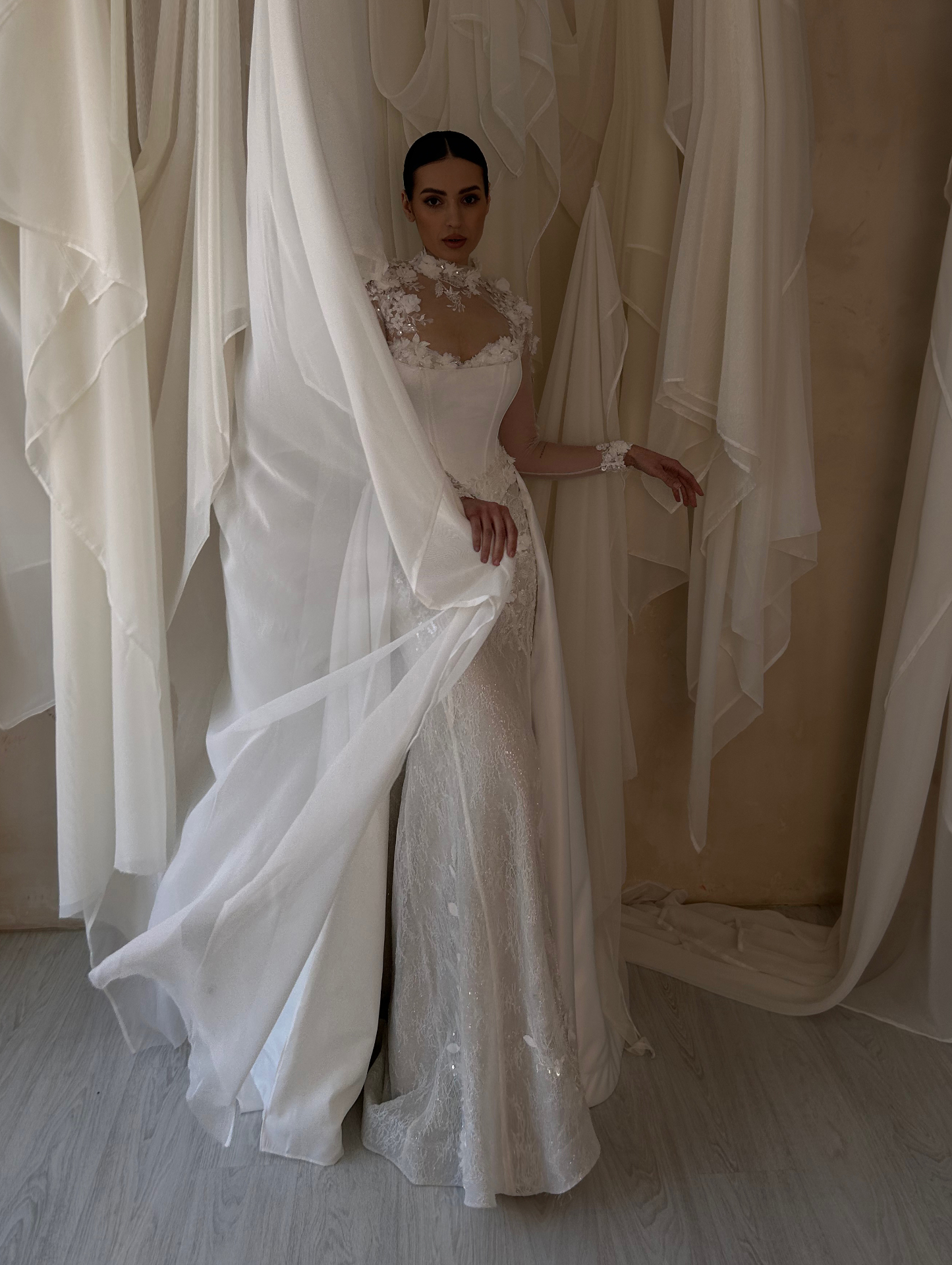 Annabelle — side view with flowing satin overskirt