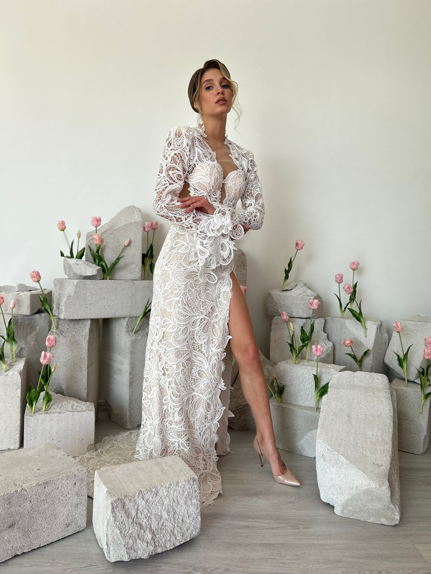 Keira — LEMAKS Famous full-body lace gown with long sleeves and high-thigh leg slit