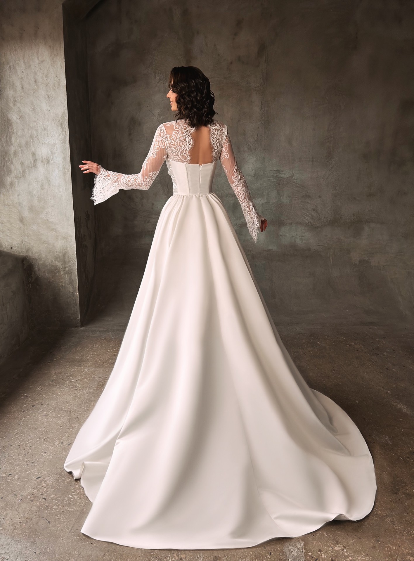 Roberta — back view of the A-line satin gown with sheer lace illusion back and sweeping train
