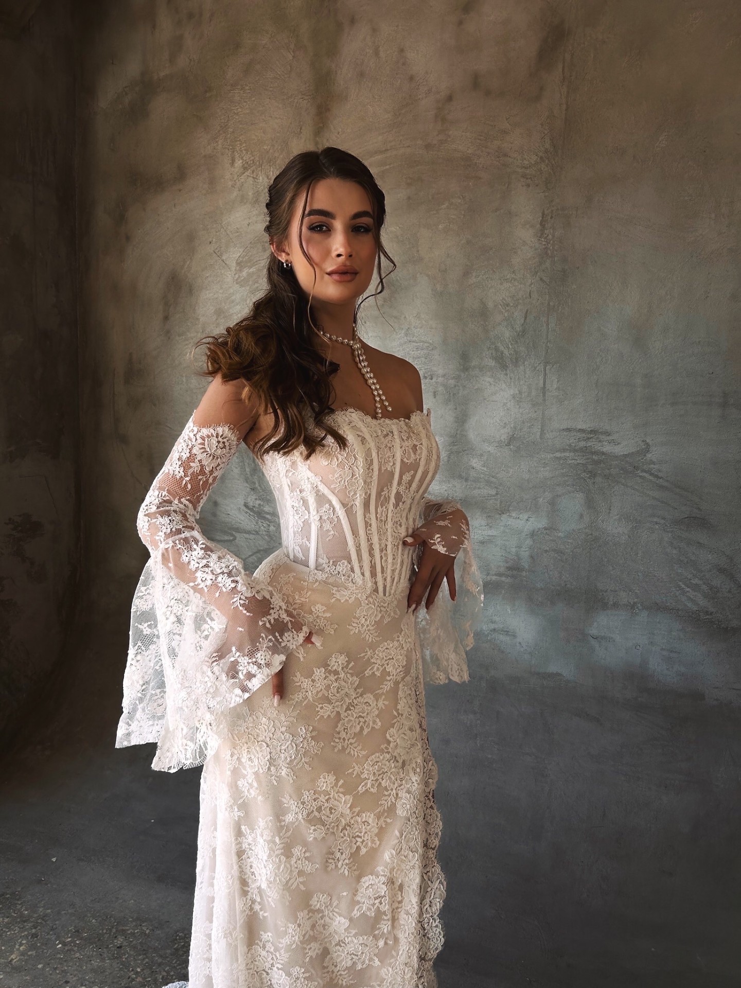 Patricia — front portrait of the structured strapless lace corset bodice with flared lace sleeves
