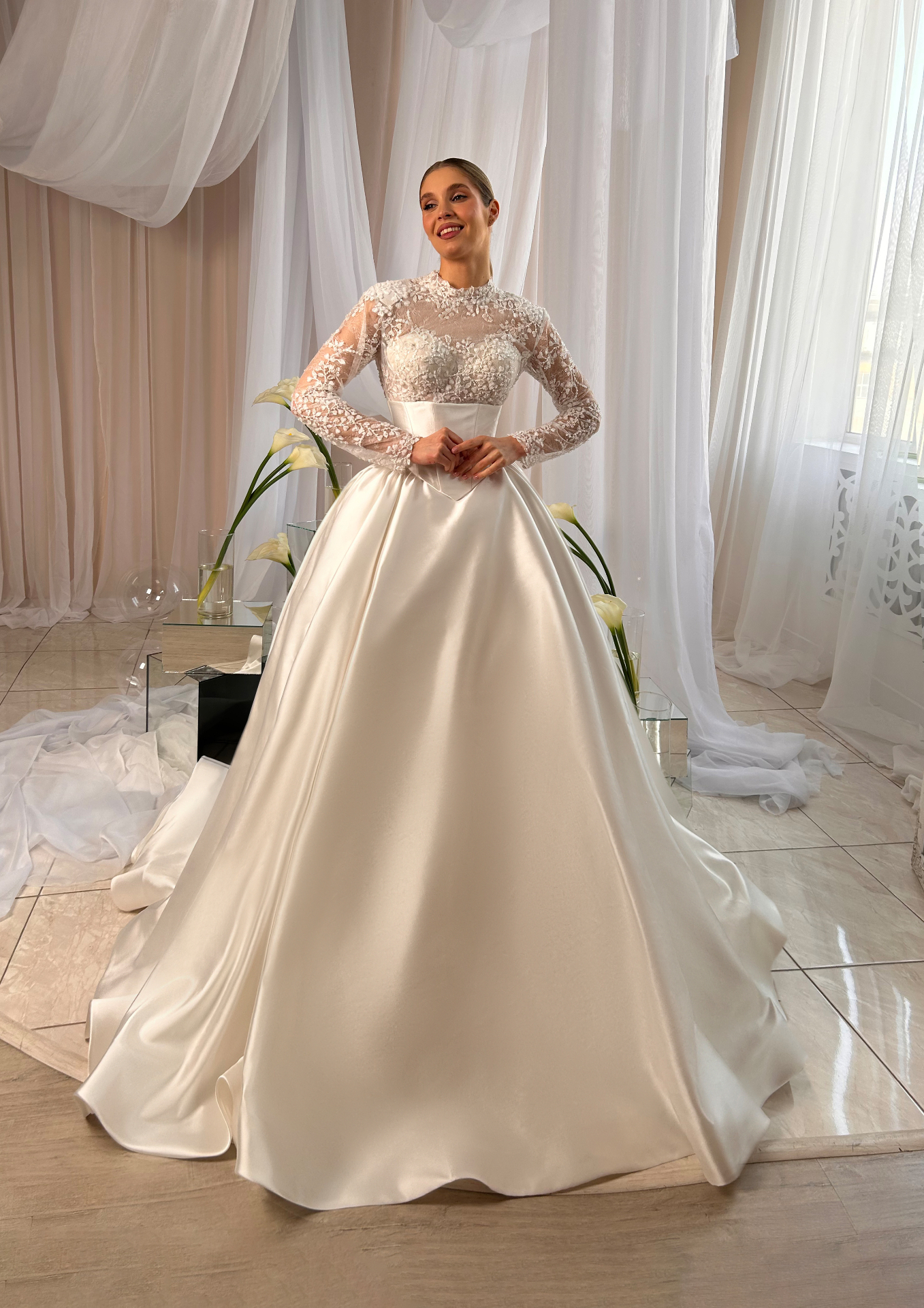 Bella — LEMAKS Famous ballgown with high-neck lace bodice and satin skirt
