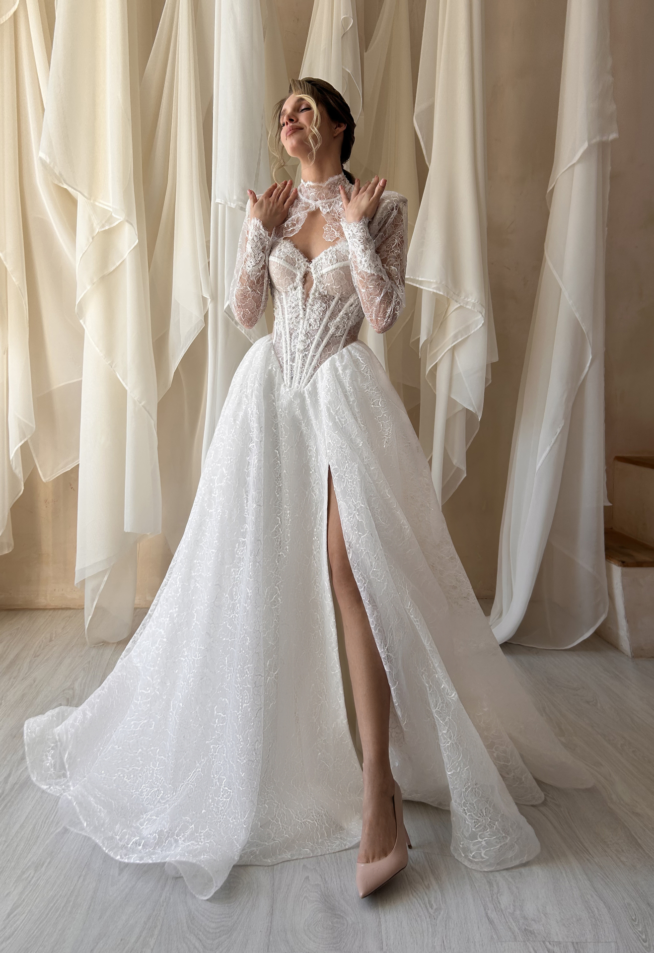 Mellissa — LEMAKS Famous lace gown with high-neck long-sleeve bodice and high leg slit