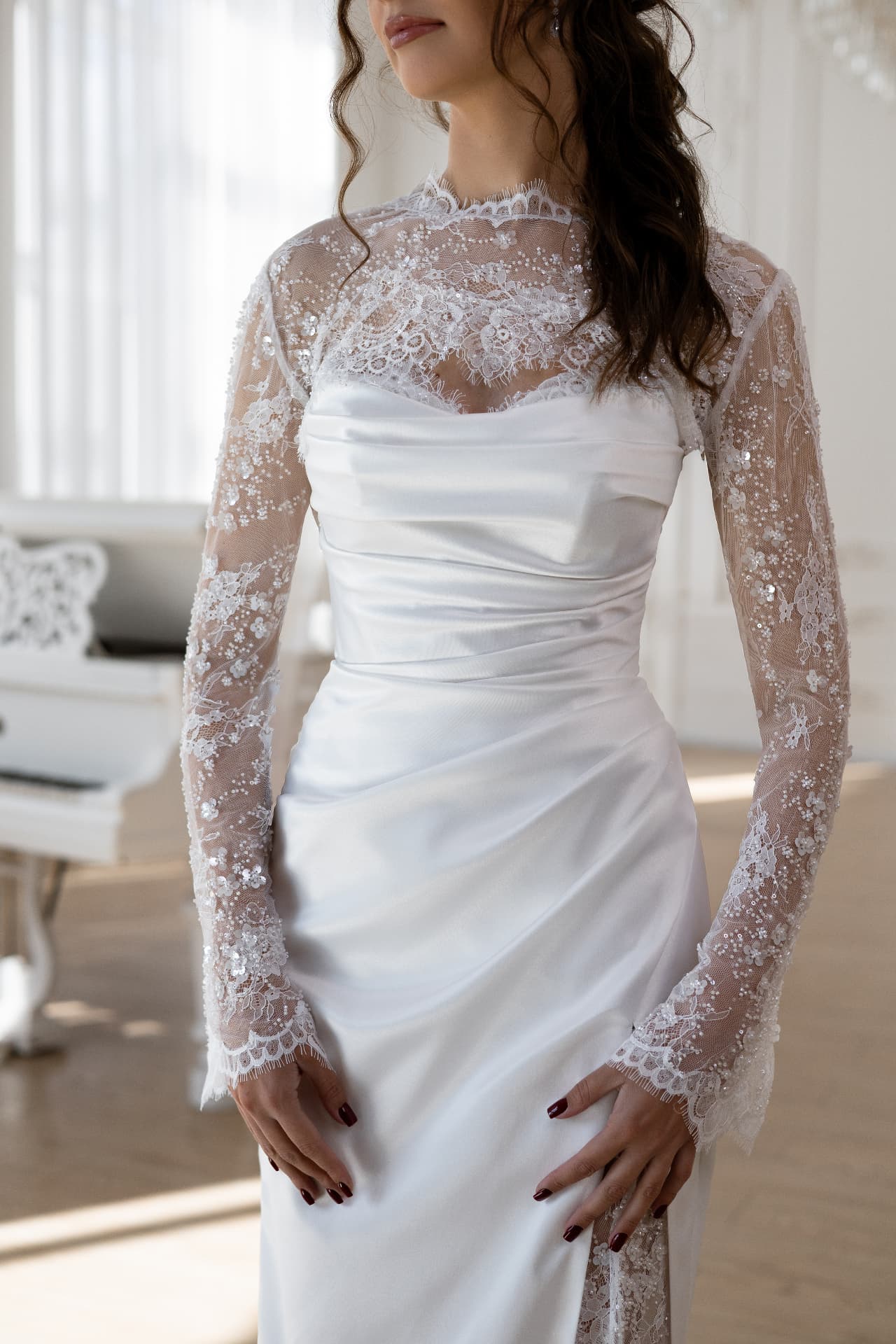 Asteria — detail of the beaded lace sleeves and high sheer collar