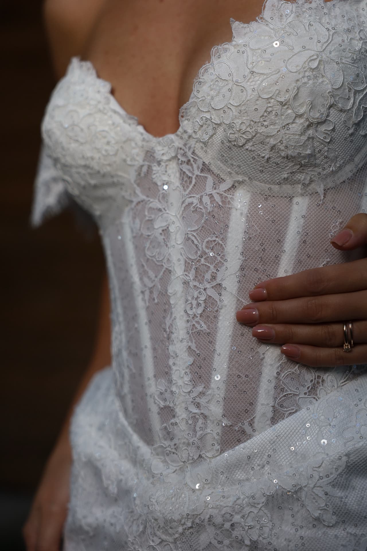 VELVET — off-the-shoulder lace sleeves with floral appliqué detail
