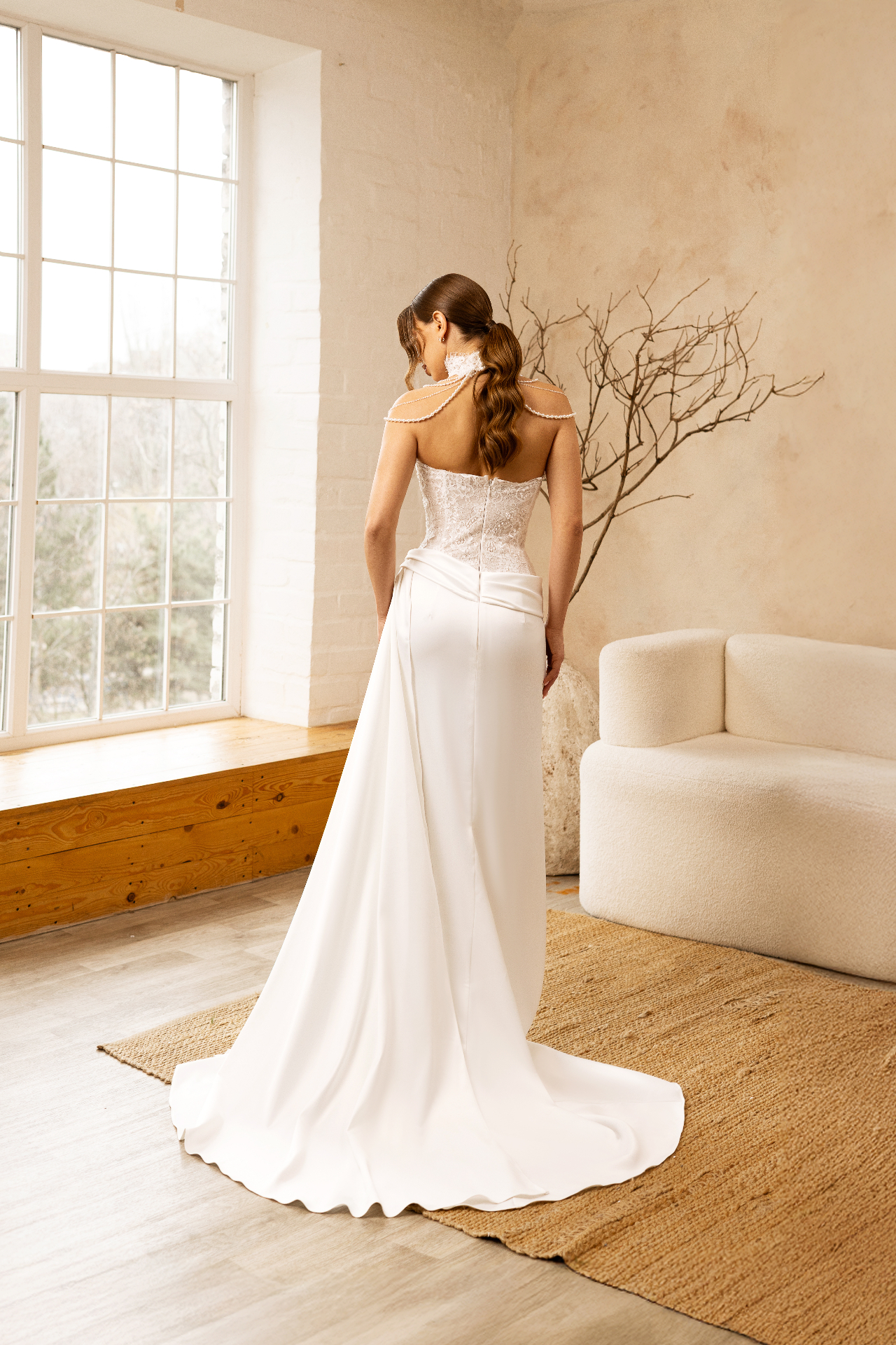 Scarlet — back view with pearl shoulder detail and flowing train