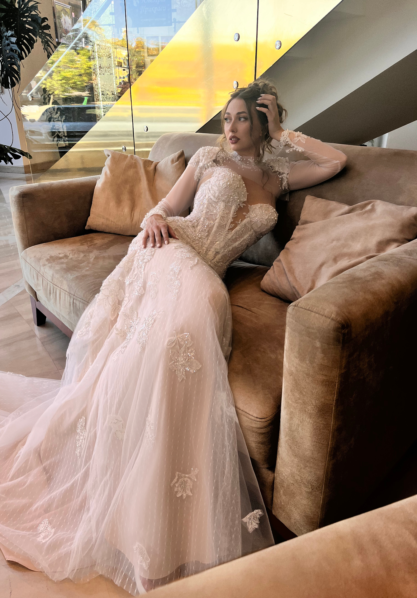 Narcissus — form-fitting lace base with sheer embellished neckline detail