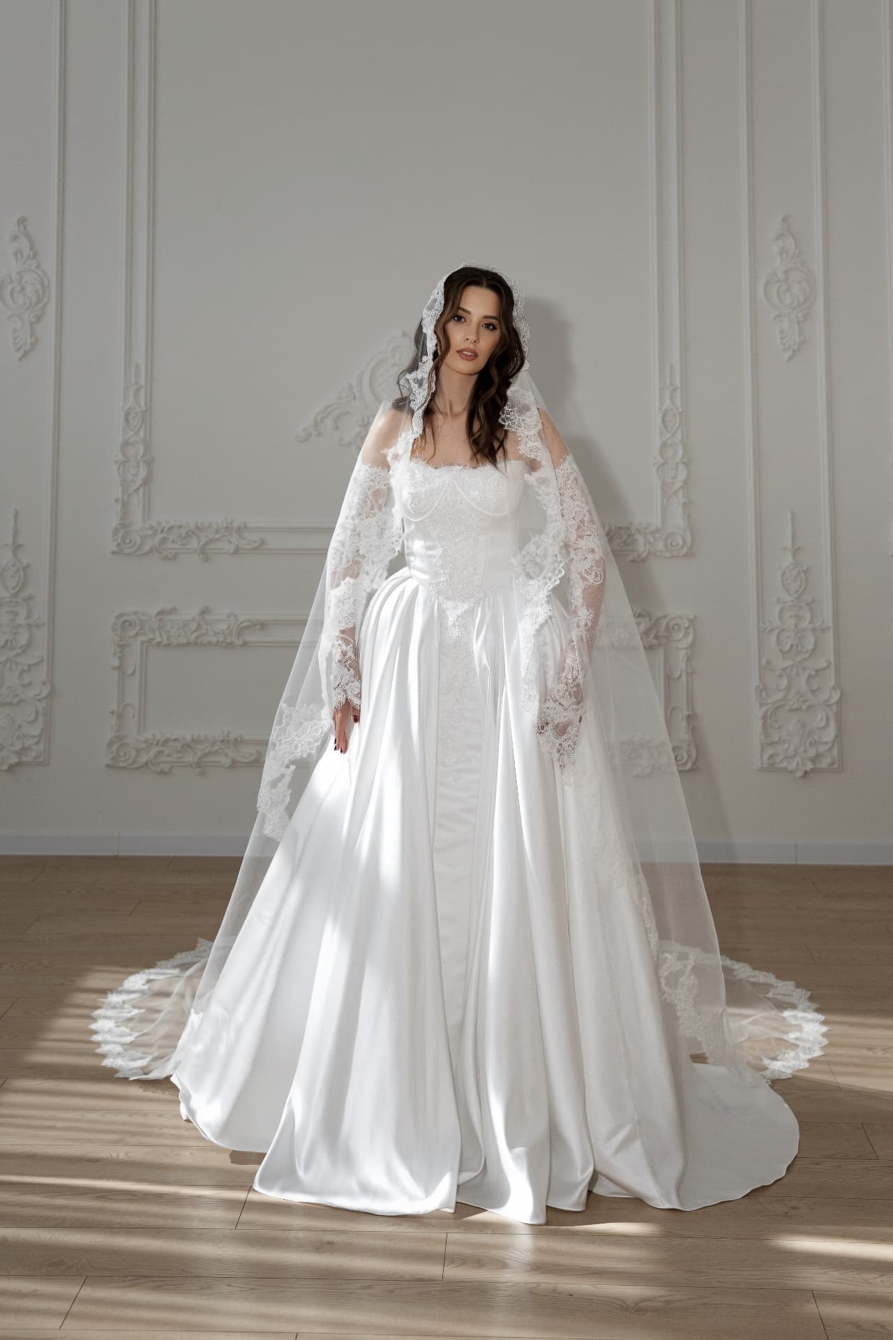 Clytie — LEMAKS Goddess off-the-shoulder corset bridal gown with satin A-line skirt