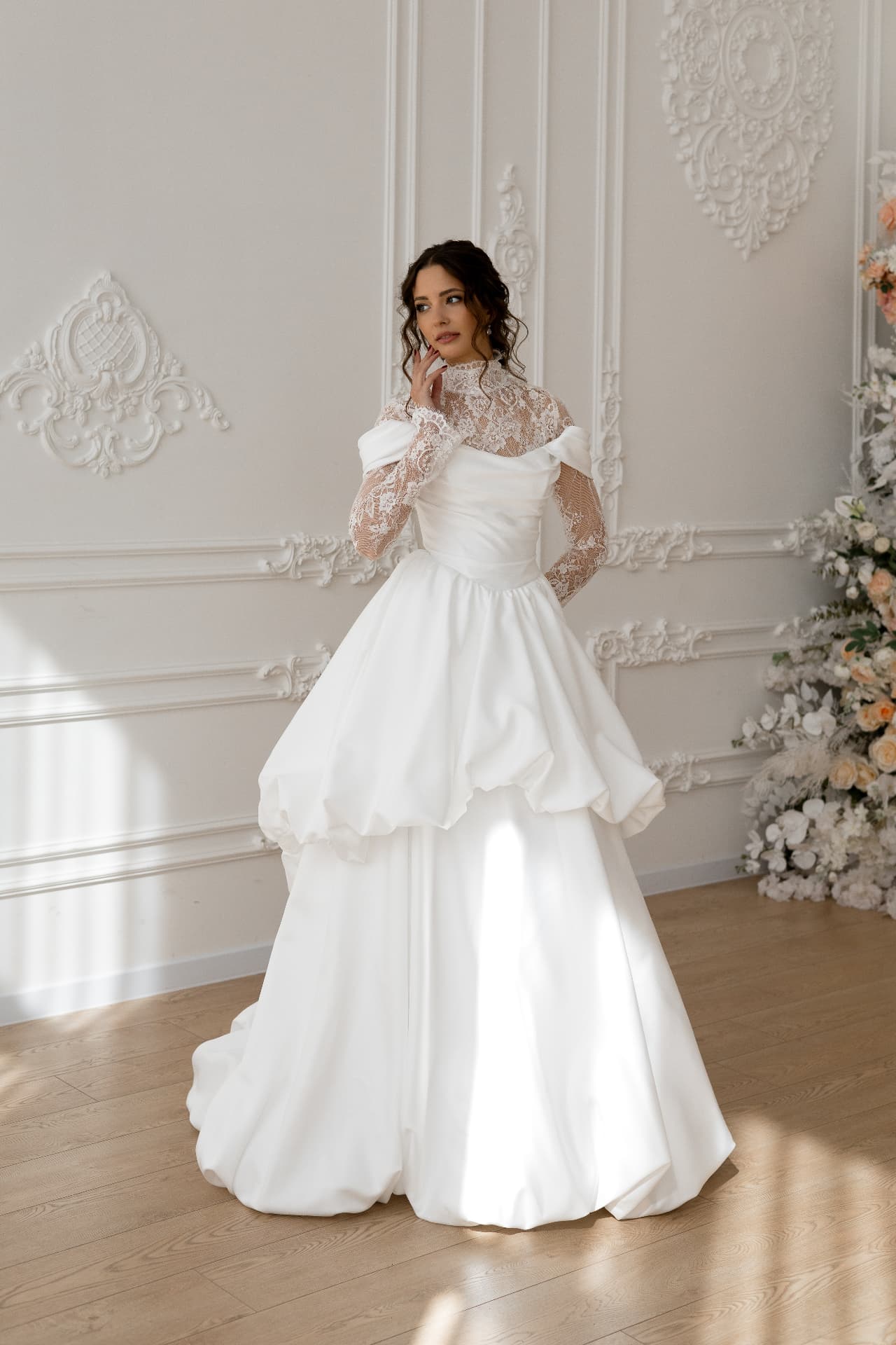 Hecate — LEMAKS Goddess bridal gown with lace bodice, sheer long sleeves, off-the-shoulder satin neckline and voluminous sculptural skirt