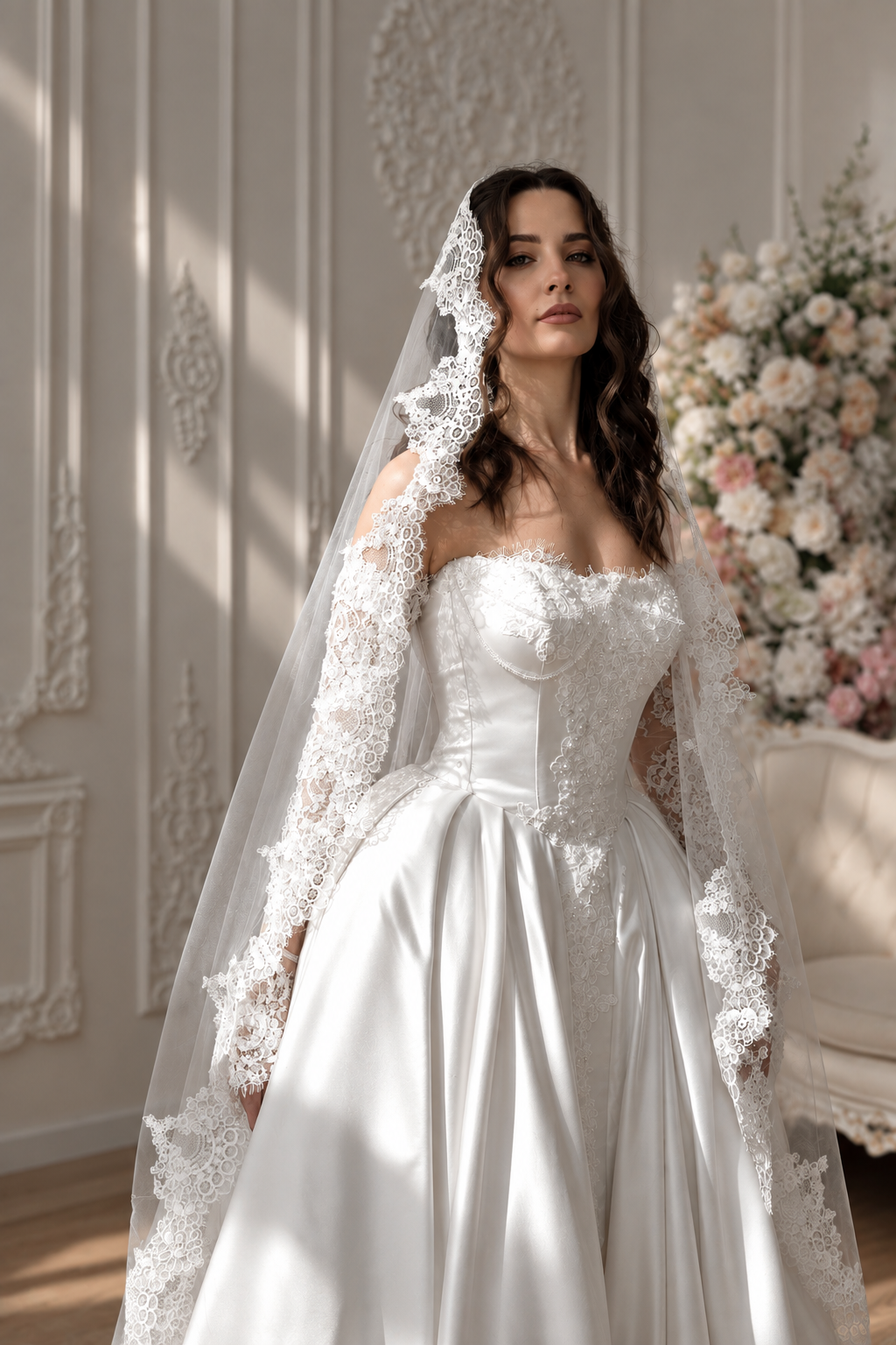 LEMAKS Goddess Collection 2027 — bride in a satin corset gown with lace veil