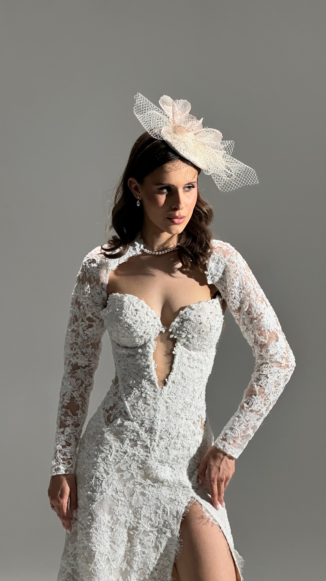 Lavander — close-up of the structured corset bodice with lace bolero