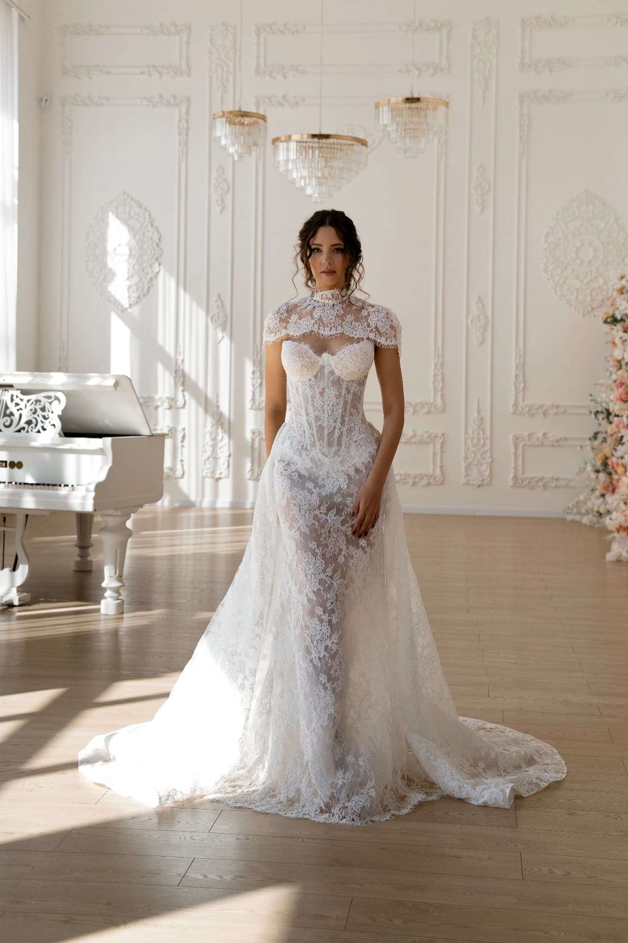 Gaia — LEMAKS Goddess lace bridal gown with sheer corset bodice, high-neck lace overlay and lace train