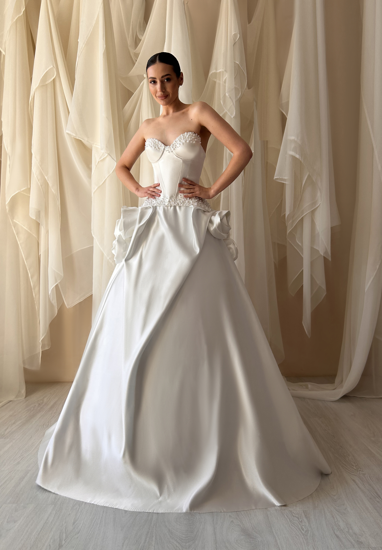Madeline — LEMAKS Famous strapless satin ballgown with pearl-embellished corset bodice
