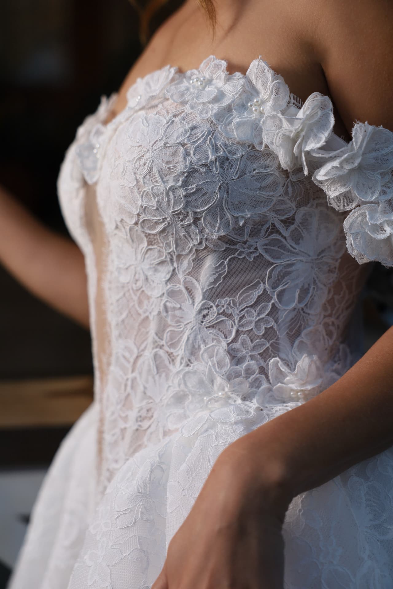 SATIN — close-up of the sculpted sweetheart neckline with dimensional lace flowers