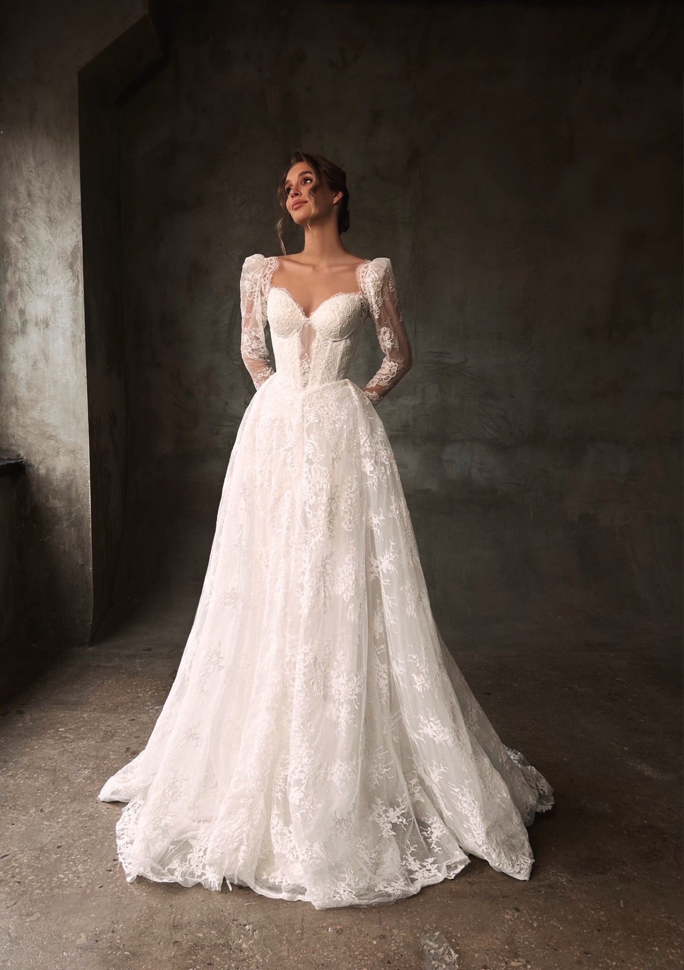 Clio — LEMAKS Famous A-line lace gown with corset bodice and sheer puff sleeves
