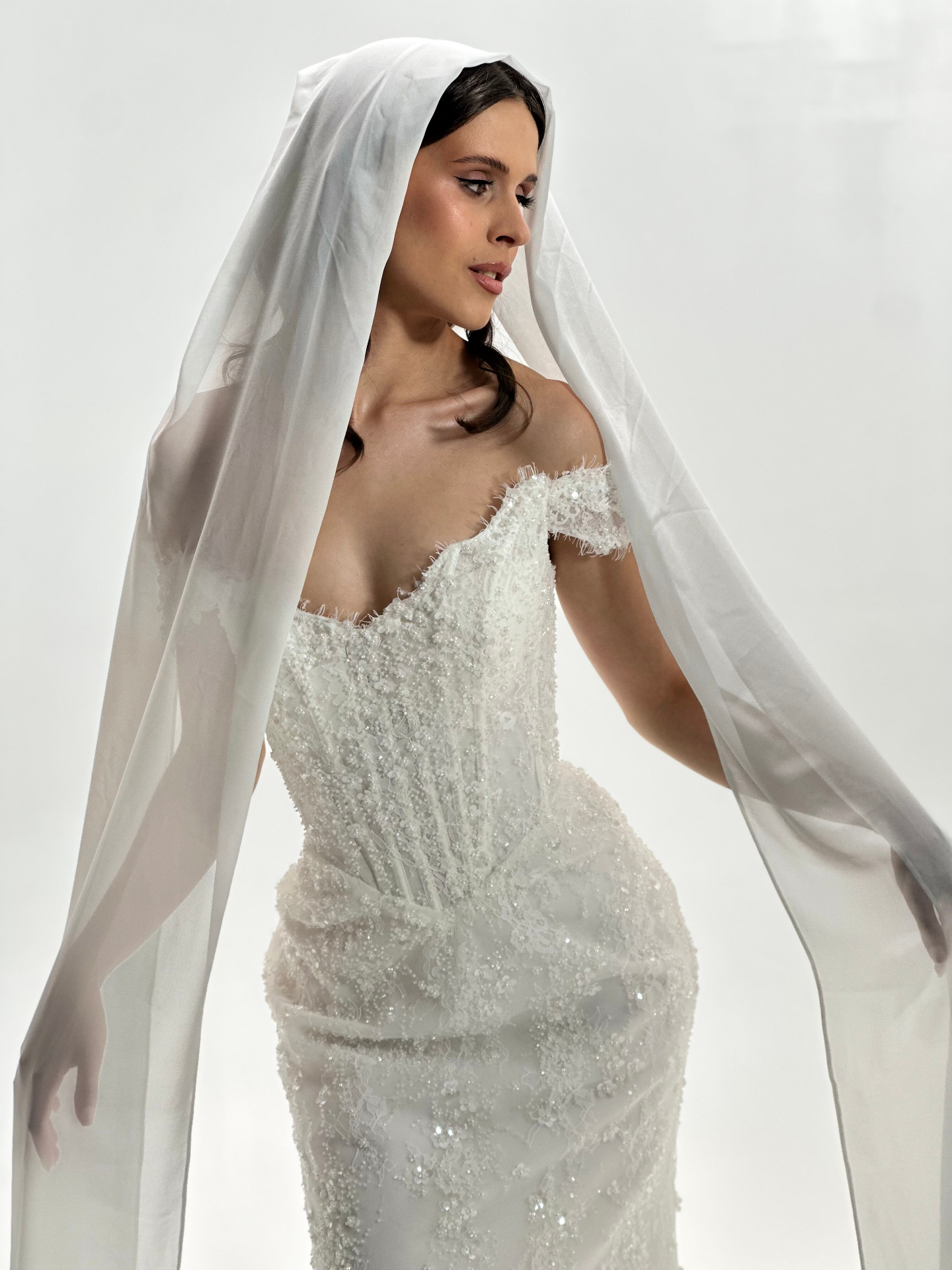 Meri — beaded corset bodice and off-the-shoulder detail