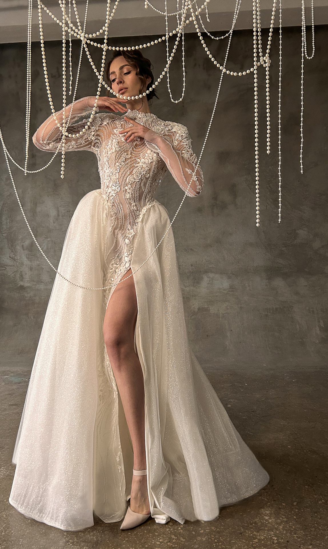 Ornella — LEMAKS Famous high-neck lace gown with detachable overskirt and dramatic slit
