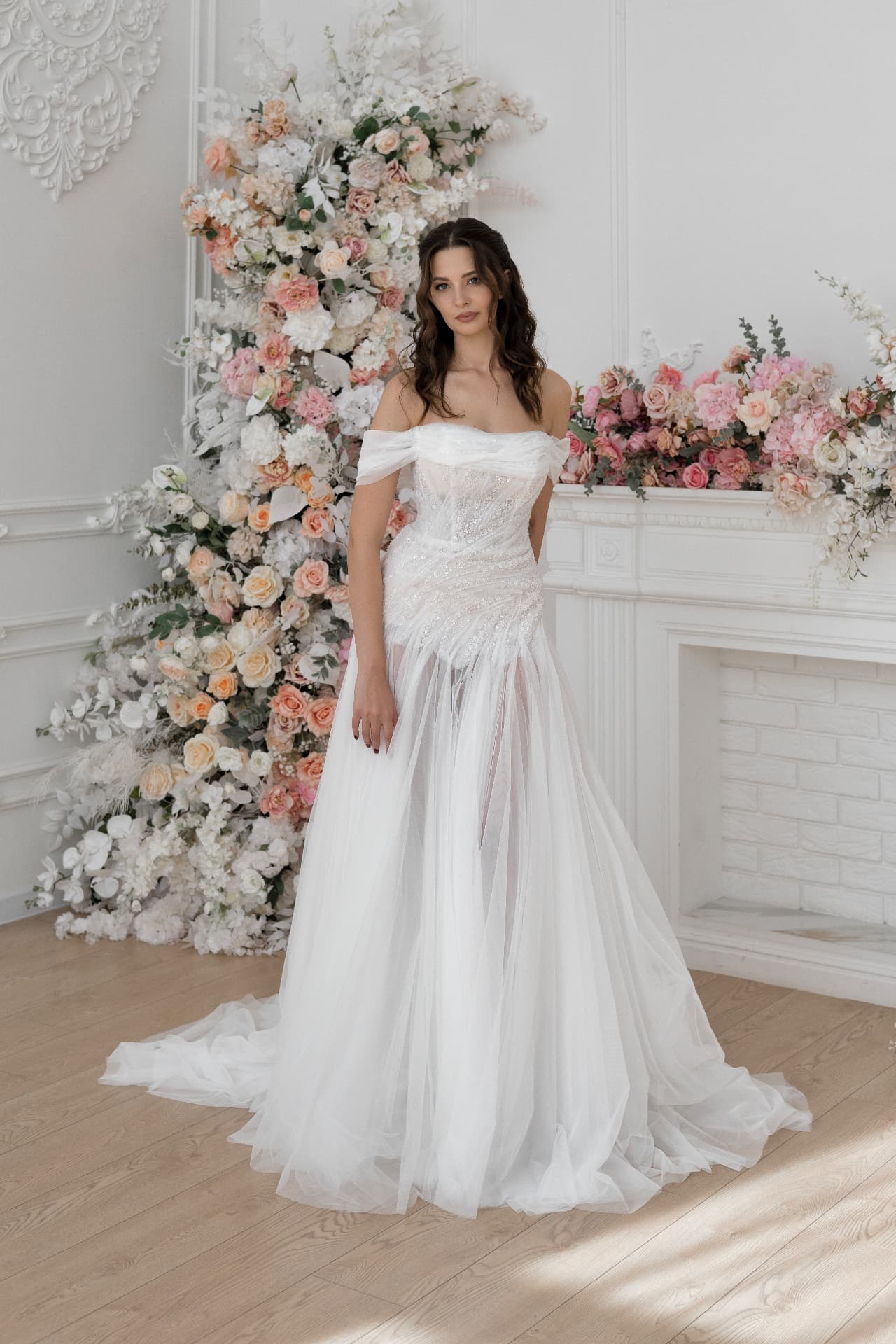 Hera — LEMAKS Goddess bridal gown with embellished corset bodice, off-the-shoulder neckline, draped sleeves and layered tulle skirt