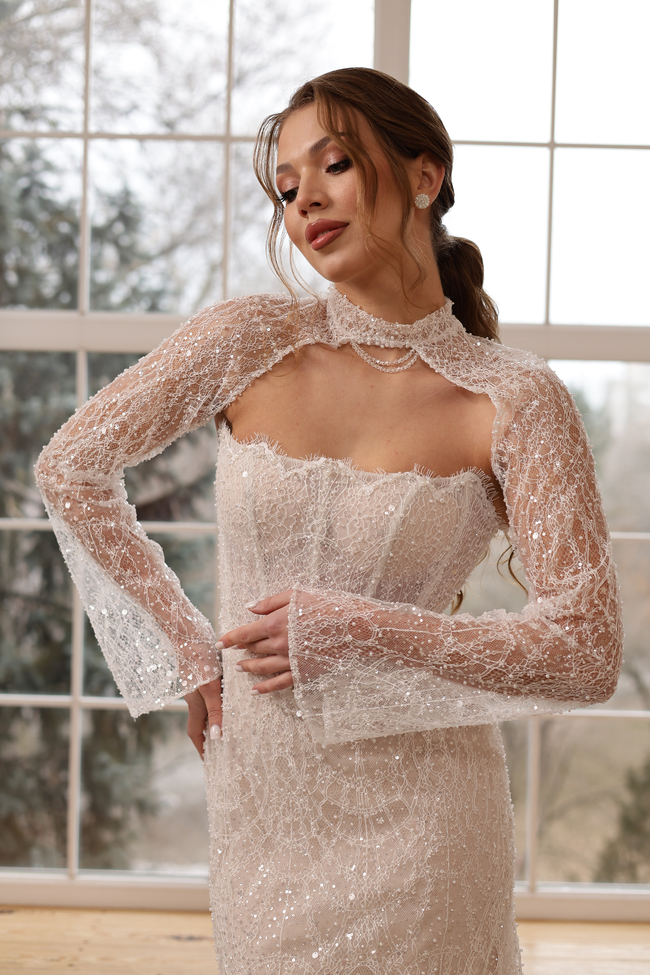 Rosa — close-up of beaded lace bolero with high neckline