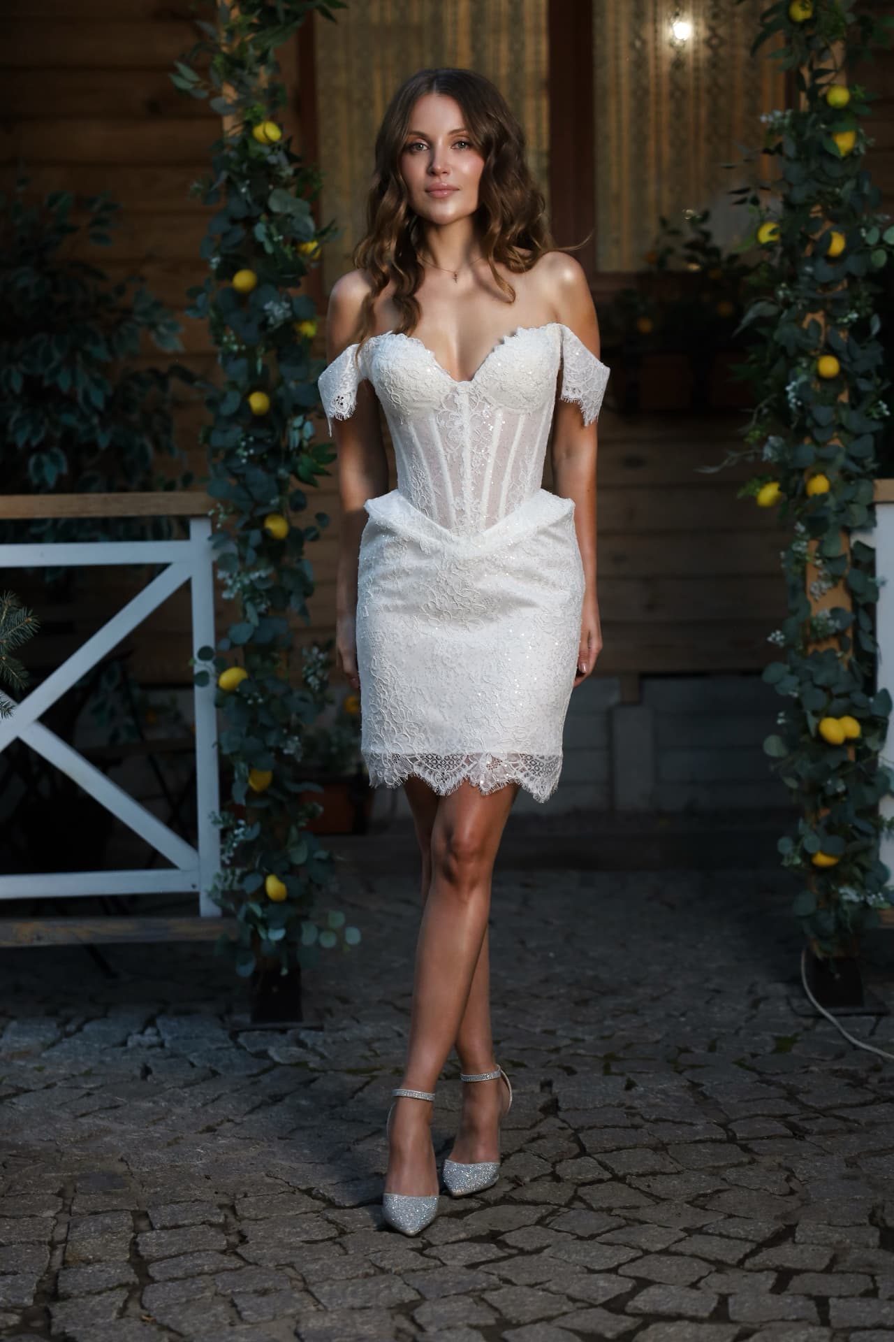 VELVET — full view of the fitted mini skirt with scalloped lace hem