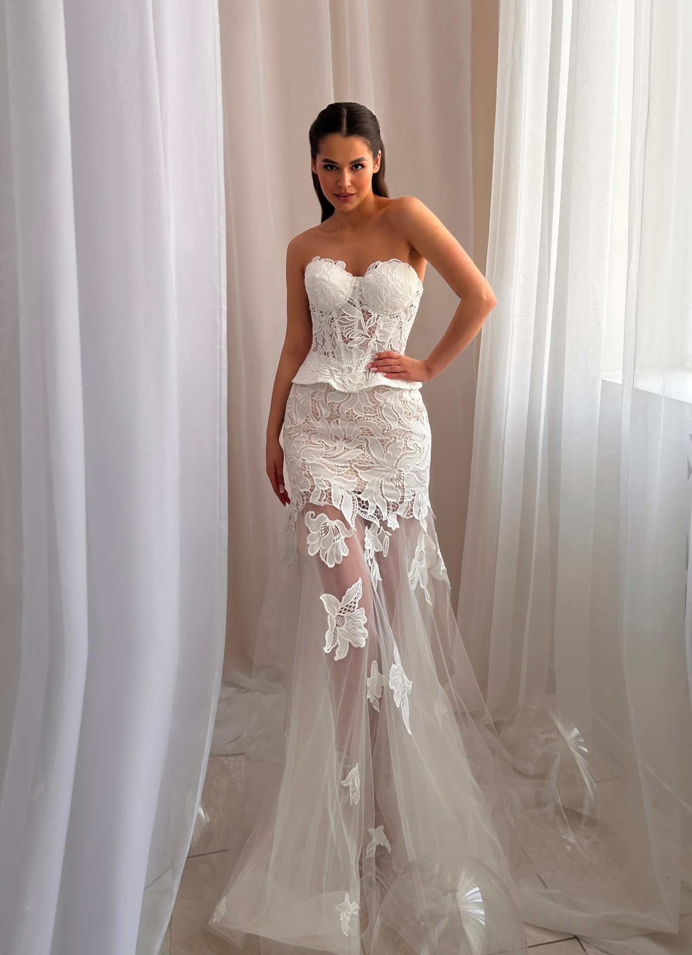 Beatrice — full silhouette with sheer tulle skirt and lace appliqués