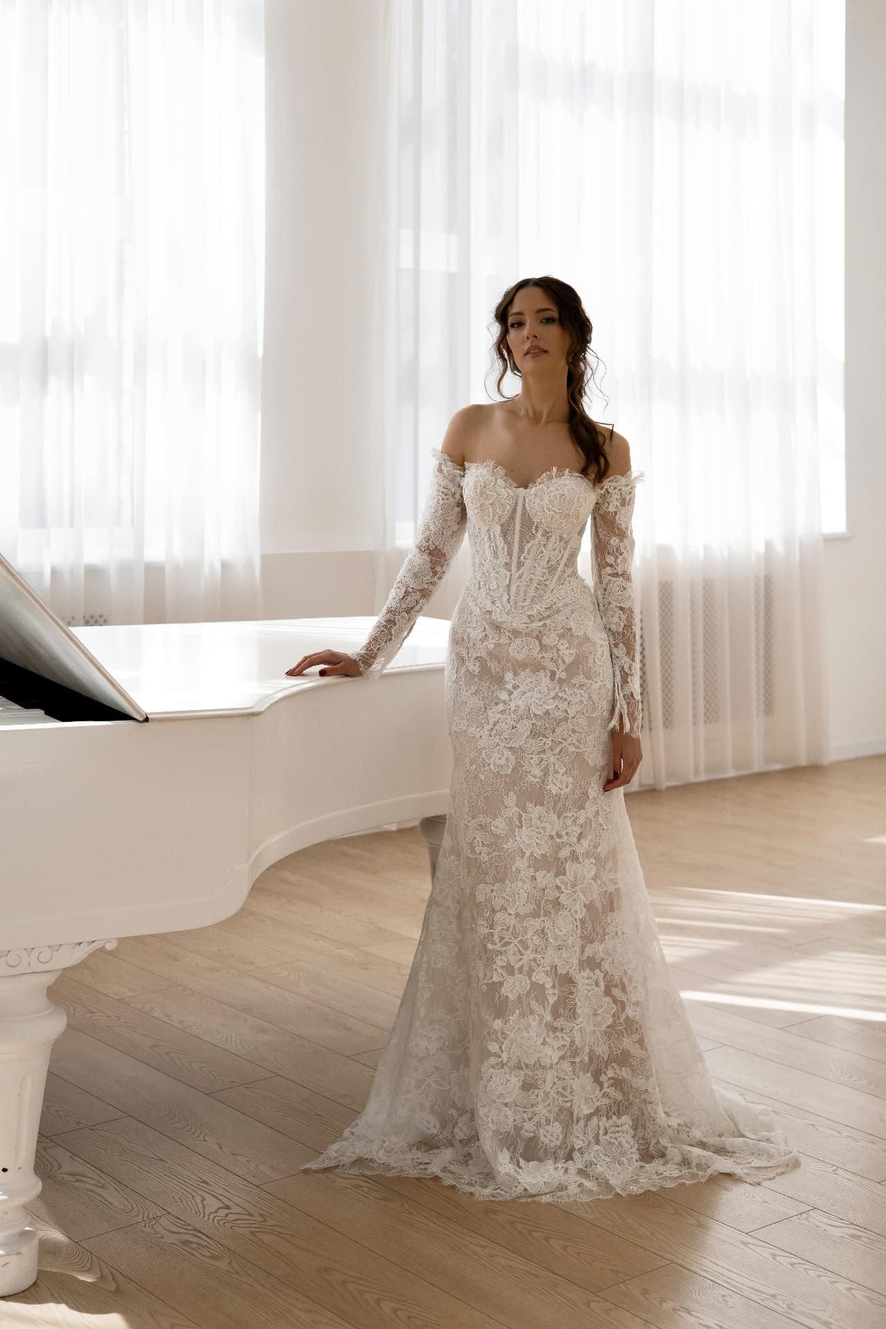 IRIS — LEMAKS Goddess floral lace mermaid bridal gown with sculpted corset bodice and off-the-shoulder neckline