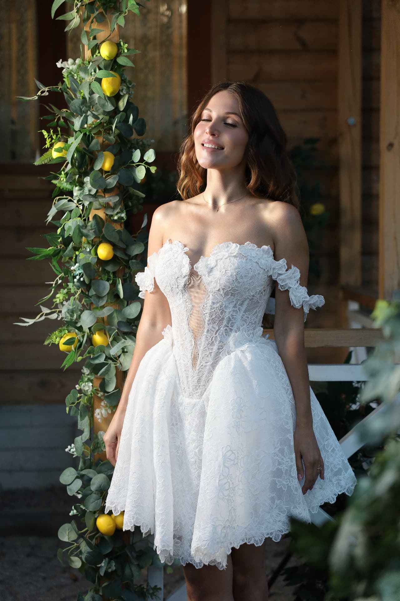 SATIN — LEMAKS Afterglow floral lace bridal mini dress with sweetheart neckline and off-the-shoulder 3D flower straps